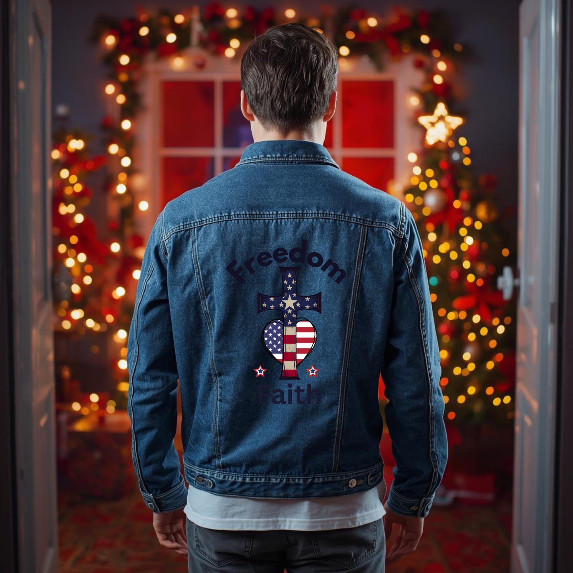 Men's Denim Jacket with Faith Design | Casual Everyday Wear, Summer Nights, Perfect for Outdoor Events, Gifts for Him, Festival Fashion product thumbnail image Men's Denim Jacket with Faith Design | Casual Everyday Wear, Summer Nights, Perfect for Outdoor Events, Gifts for Him, Festival Fashion product thumbnail image