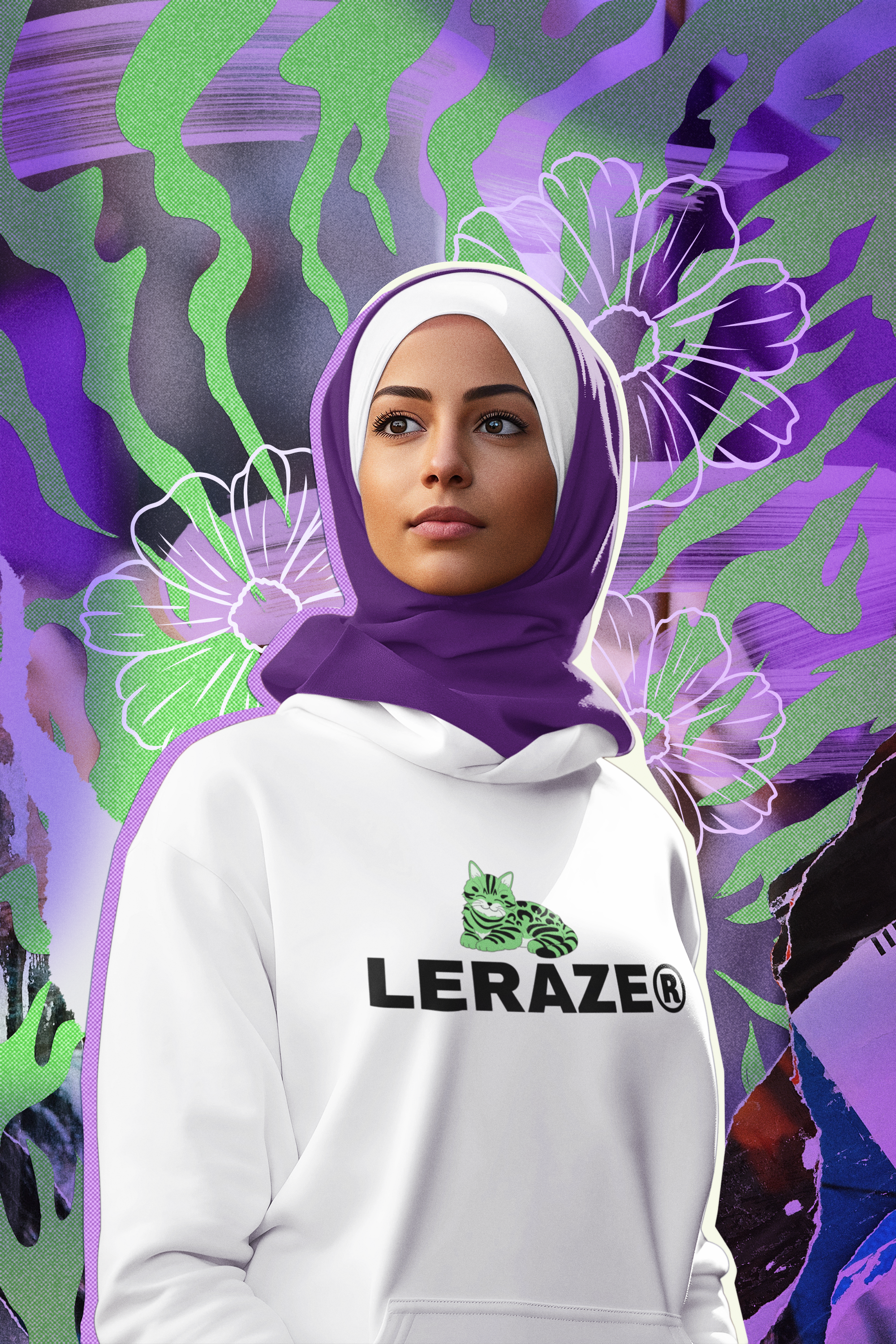 Leraze Cat DesignThree-Panel Fleece Hoodie - Stylish Comfort for Outdoor Enthusiasts