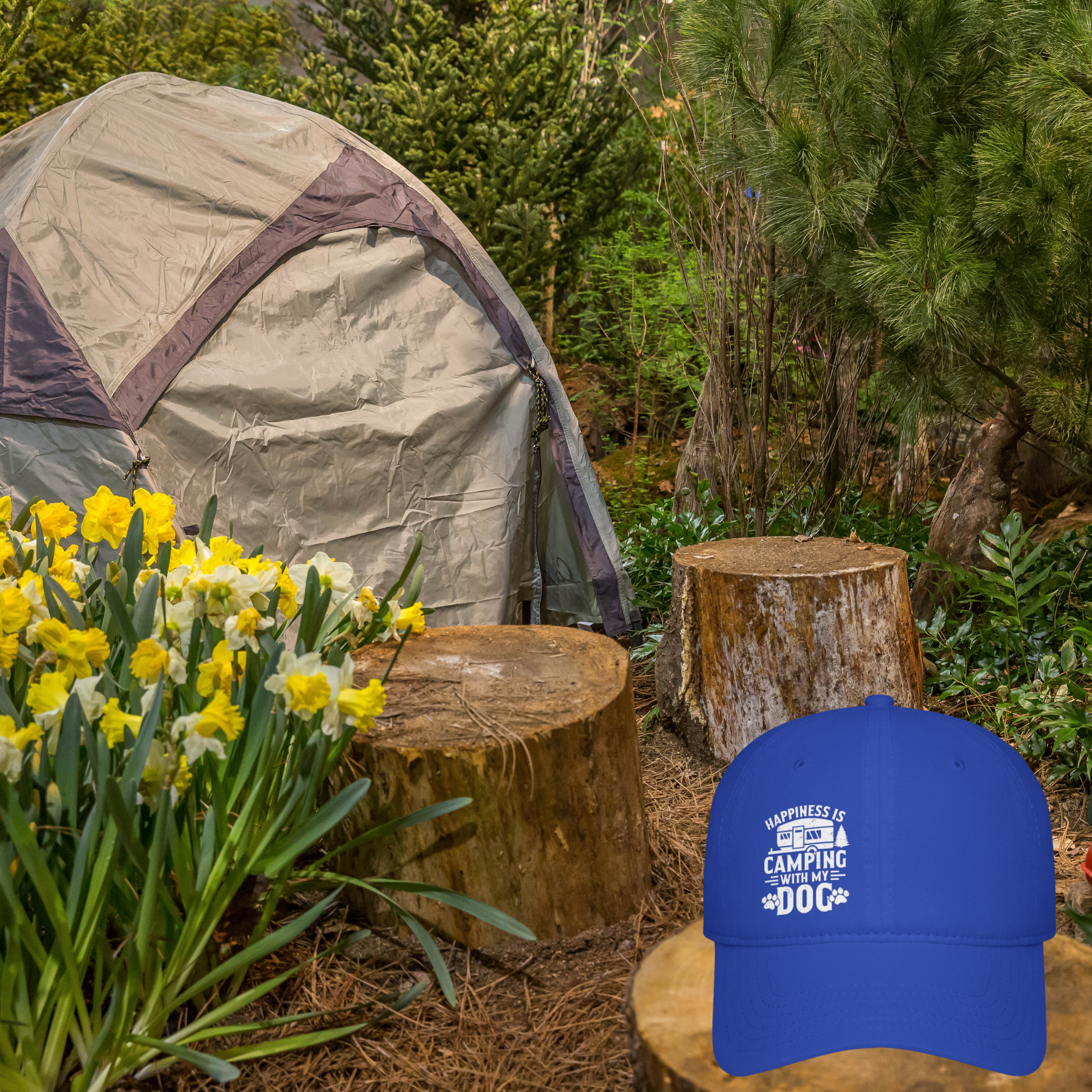 Happiness is Camping with My Dog Low Profile Baseball Cap (4 Color Choices)