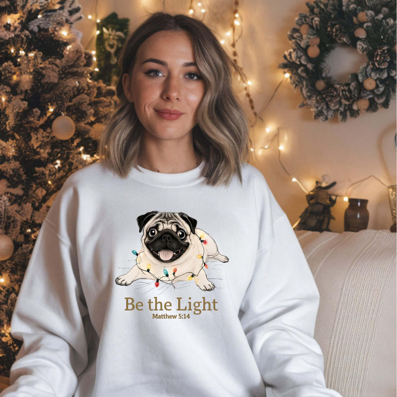 Be the Light Christmas Pug Unisex Gildan Sweatshirt | Christian Crewneck Holiday Gift