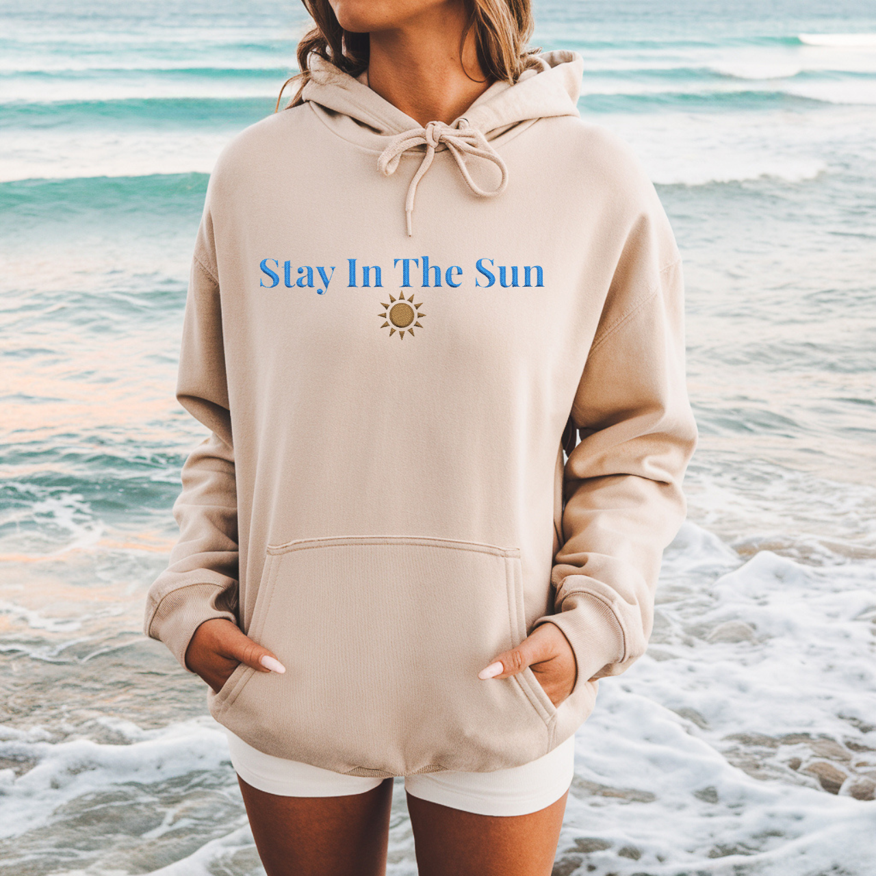 Stay In The Sun Embroidered Hoodie | Minimalist Coastal Sweatshirt Stay In The Sun Embroidered Hoodie | Minimalist Coastal Sweatshirt