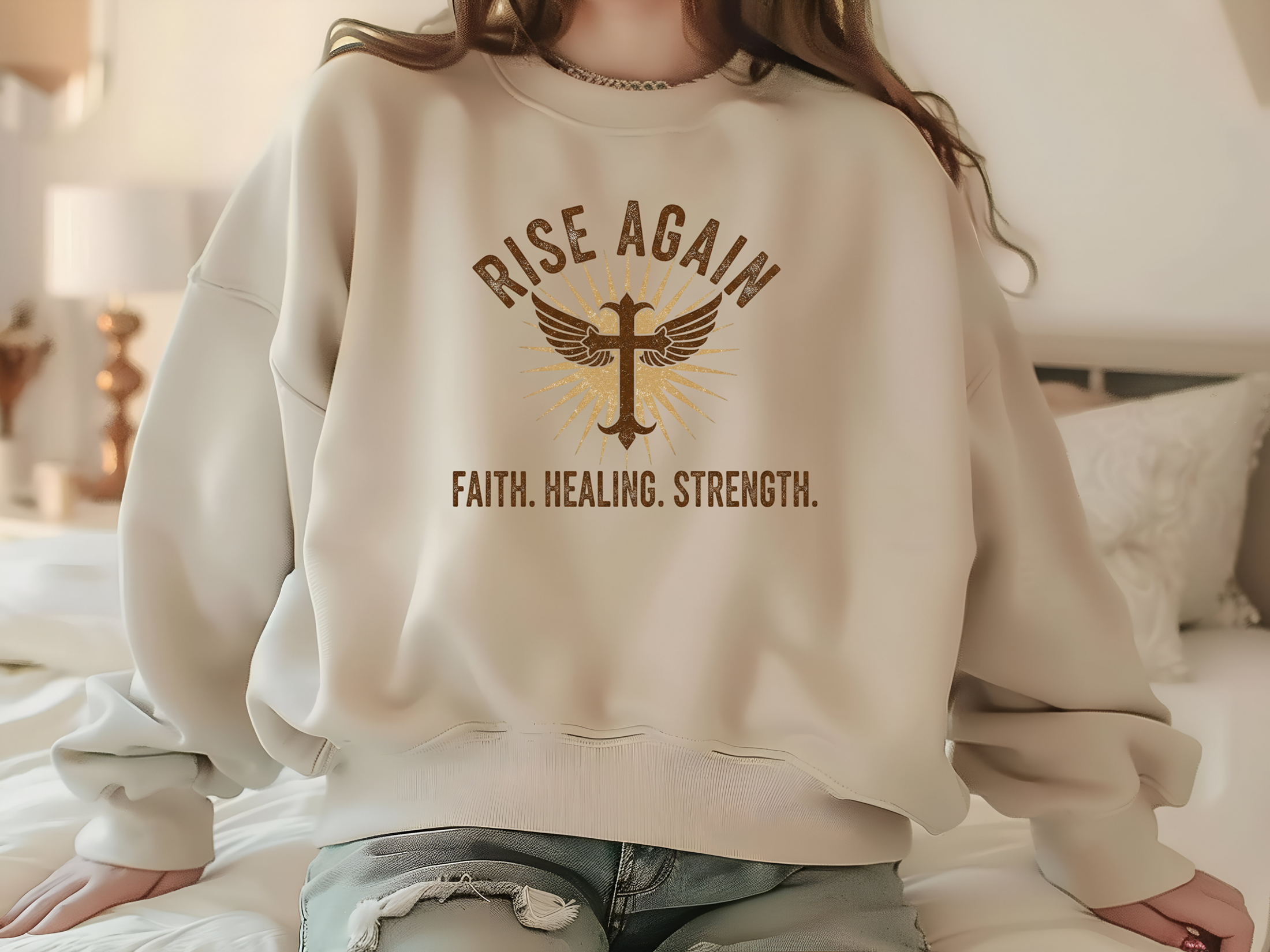 Faith-Inspired Crewneck Sweatshirt - 'Rise Again' Healing Message, Sobriety Gift Idea, Gift Idea, Spiritual, Christian Cross and Faith product thumbnail image