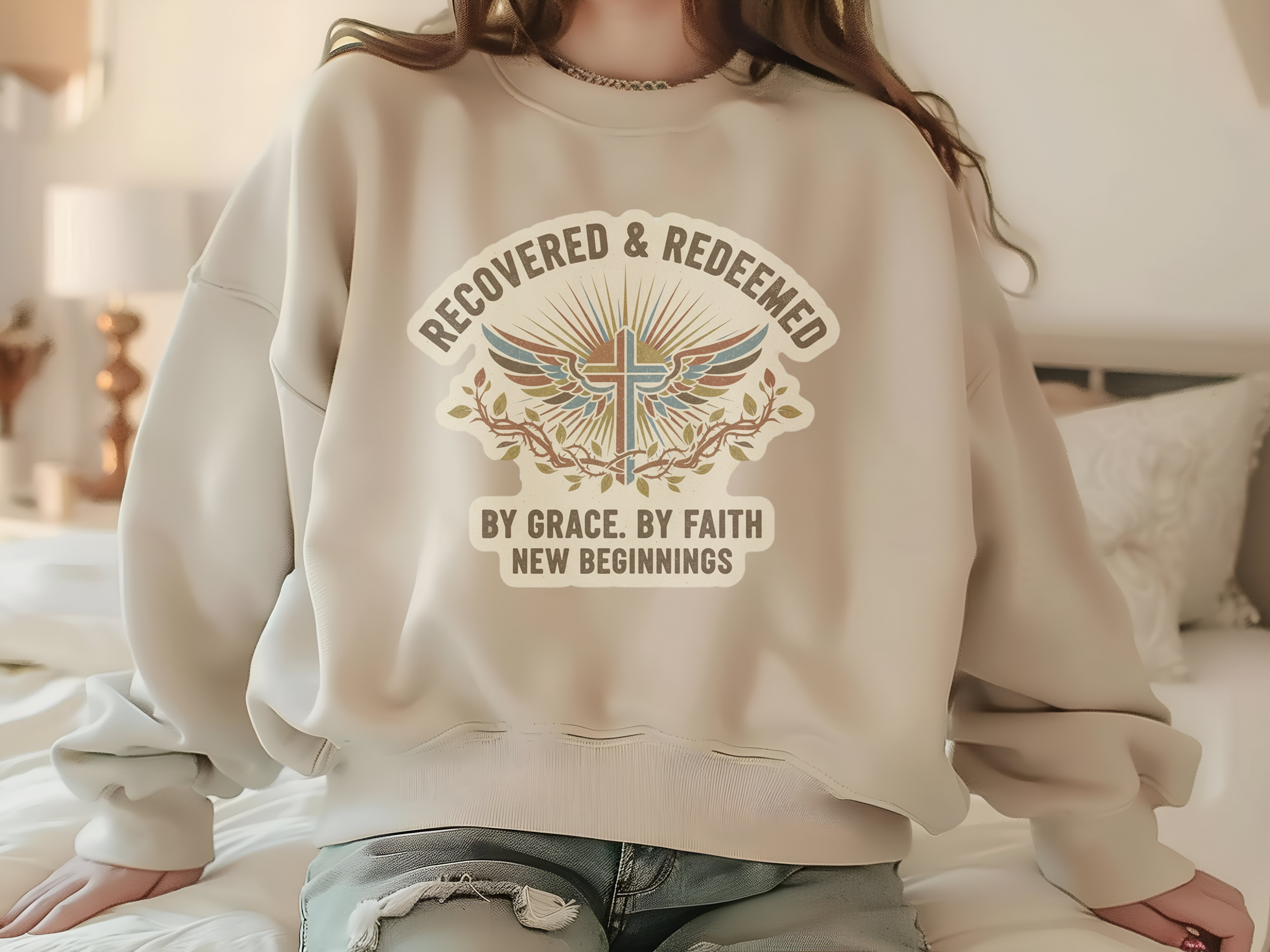 Faith-Inspired Lightweight Crewneck Sweatshirt - Recovered & Redeemed product thumbnail image Faith-Inspired Lightweight Crewneck Sweatshirt - Recovered & Redeemed product thumbnail image