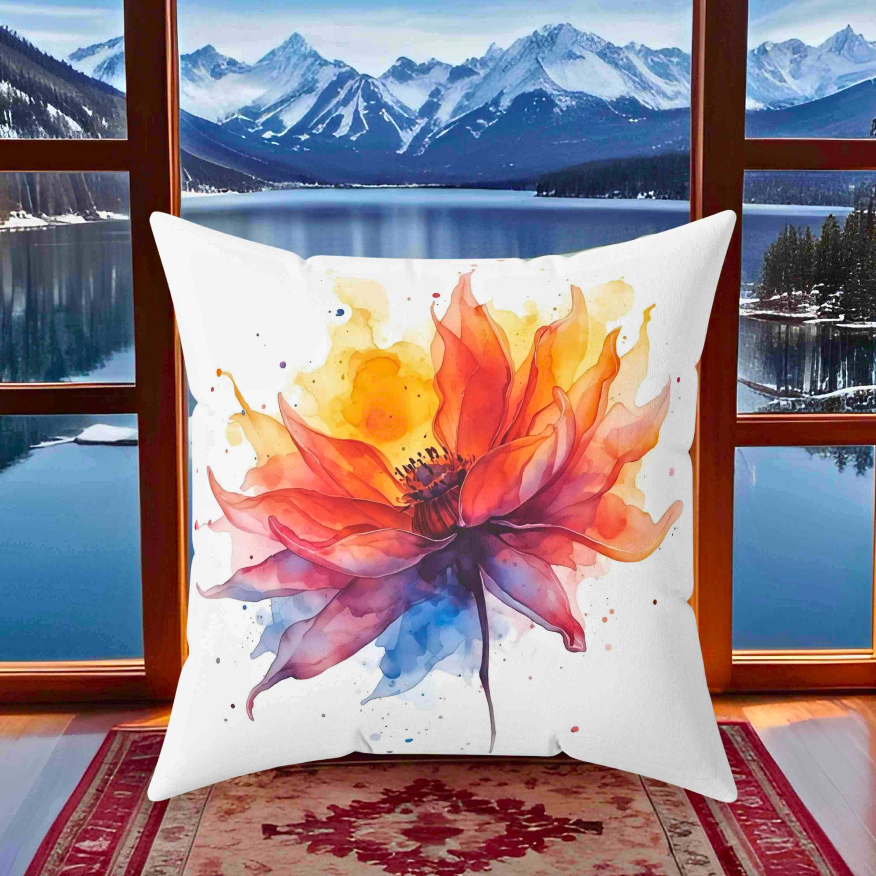 Abstract Floral Pillow – Vibrant Colorful Flower Design That Looks Like It’s on Fire – Bold Artistic Home Décor Accent with Insert product thumbnail image