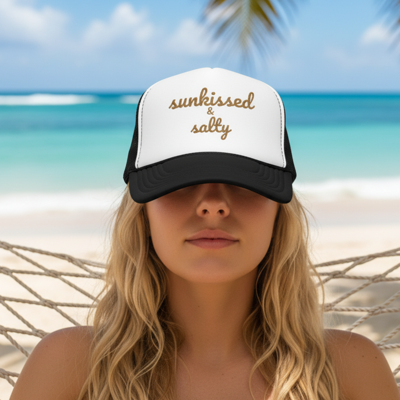 Sunkissed & Salty Embroidered Foam Trucker Hat | Beach Girl Coastal Cap product thumbnail image Sunkissed & Salty Embroidered Foam Trucker Hat | Beach Girl Coastal Cap product thumbnail image