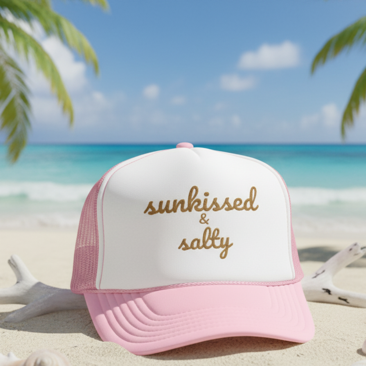 Sunkissed & Salty Embroidered Foam Trucker Hat | Beach Girl Coastal Cap product thumbnail image Sunkissed & Salty Embroidered Foam Trucker Hat | Beach Girl Coastal Cap product thumbnail image