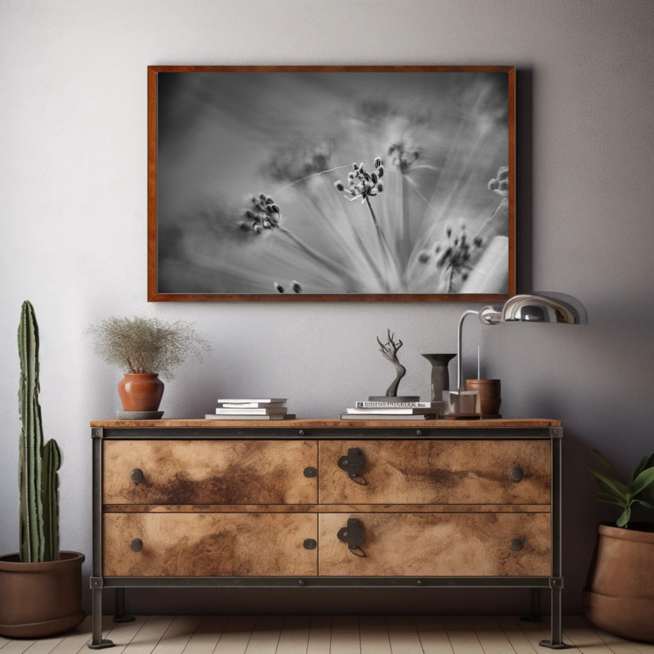 Black and White Floral Art Print with Passepartout Frame