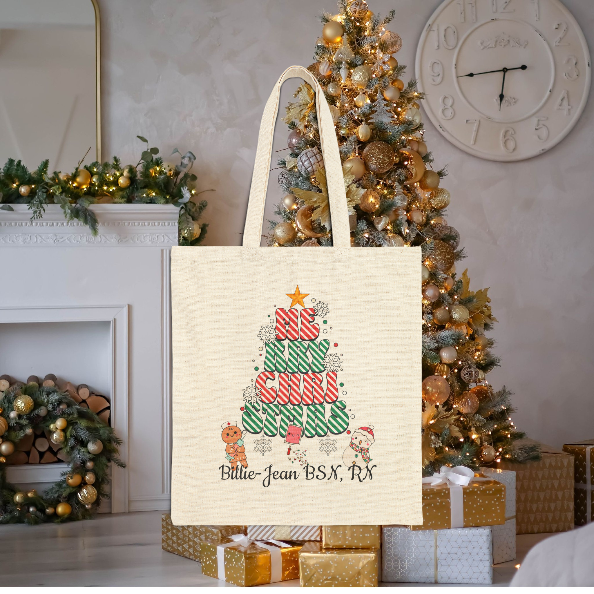 Personalized Merry Christmas Healthcare Tote Bag | Custom Christmas Nurse Bag | Holiday Healthcare Gift  product thumbnail image