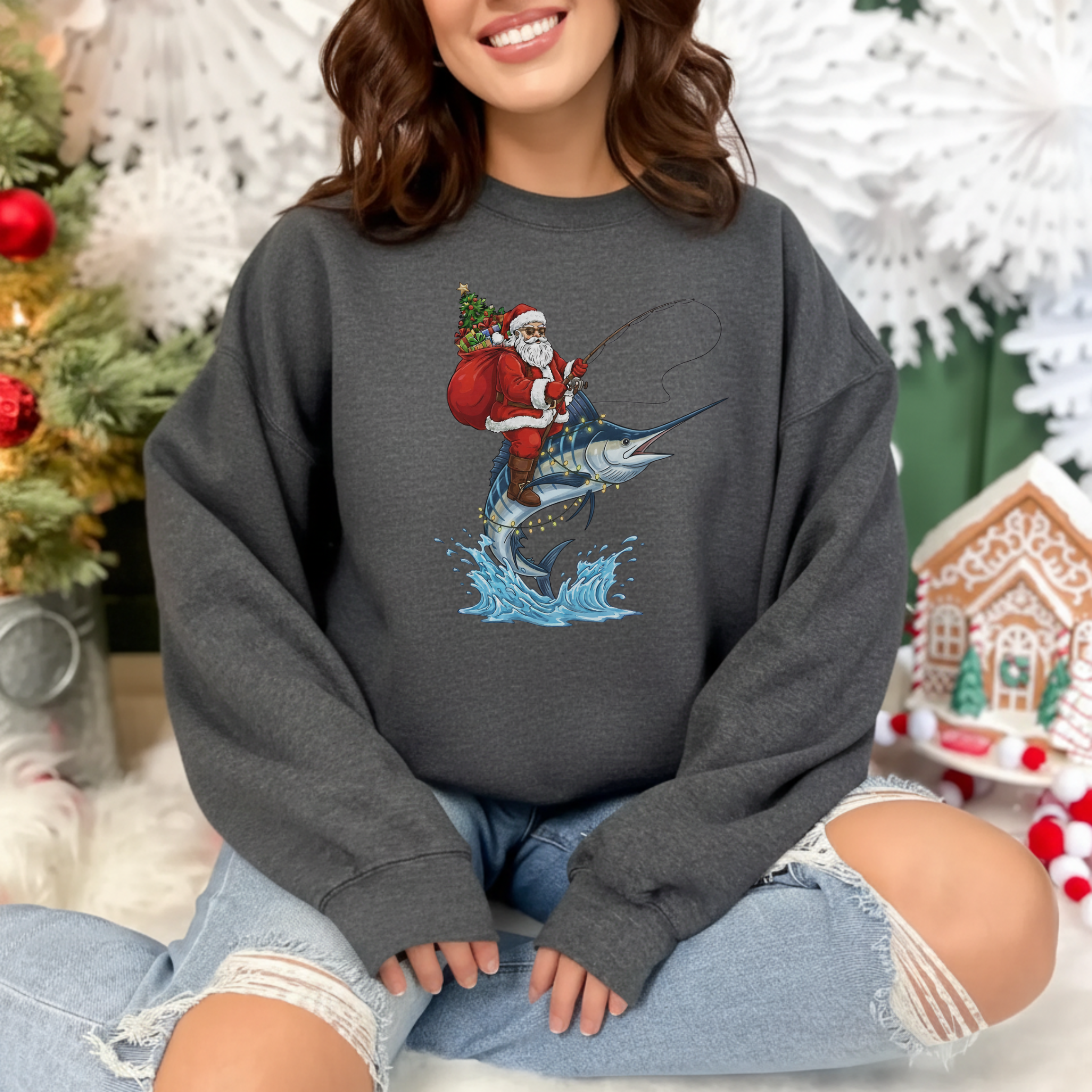 Funny Marlin Santa Christmas Sweatshirt product thumbnail image Funny Marlin Santa Christmas Sweatshirt product thumbnail image