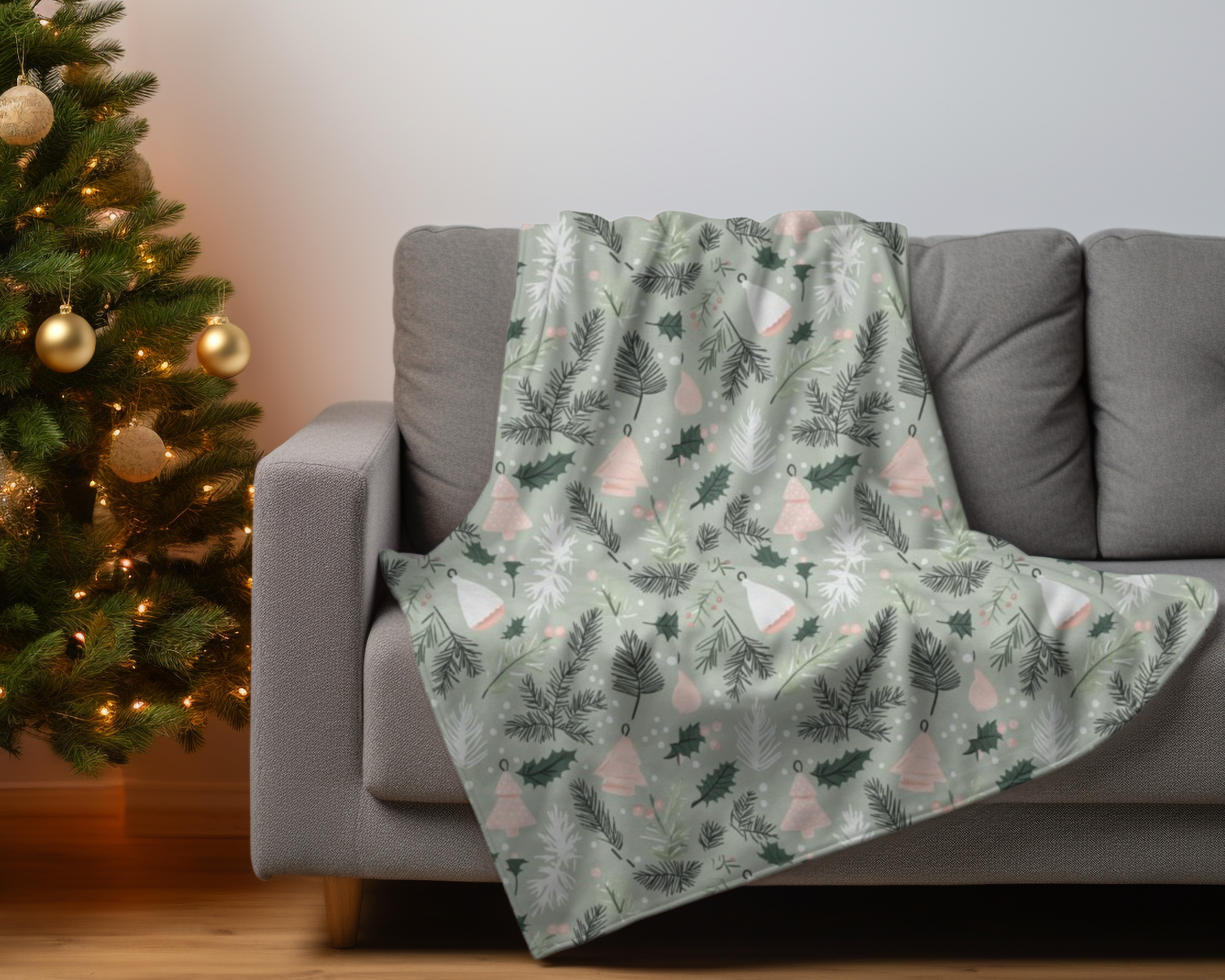 Green &amp; Pink Cozy Christmas Tree Velveteen Plush Blanket, Soft Throw Blanket, Holiday Decor, Gift for Kids, Winter Warmth, Bedroom Accessory