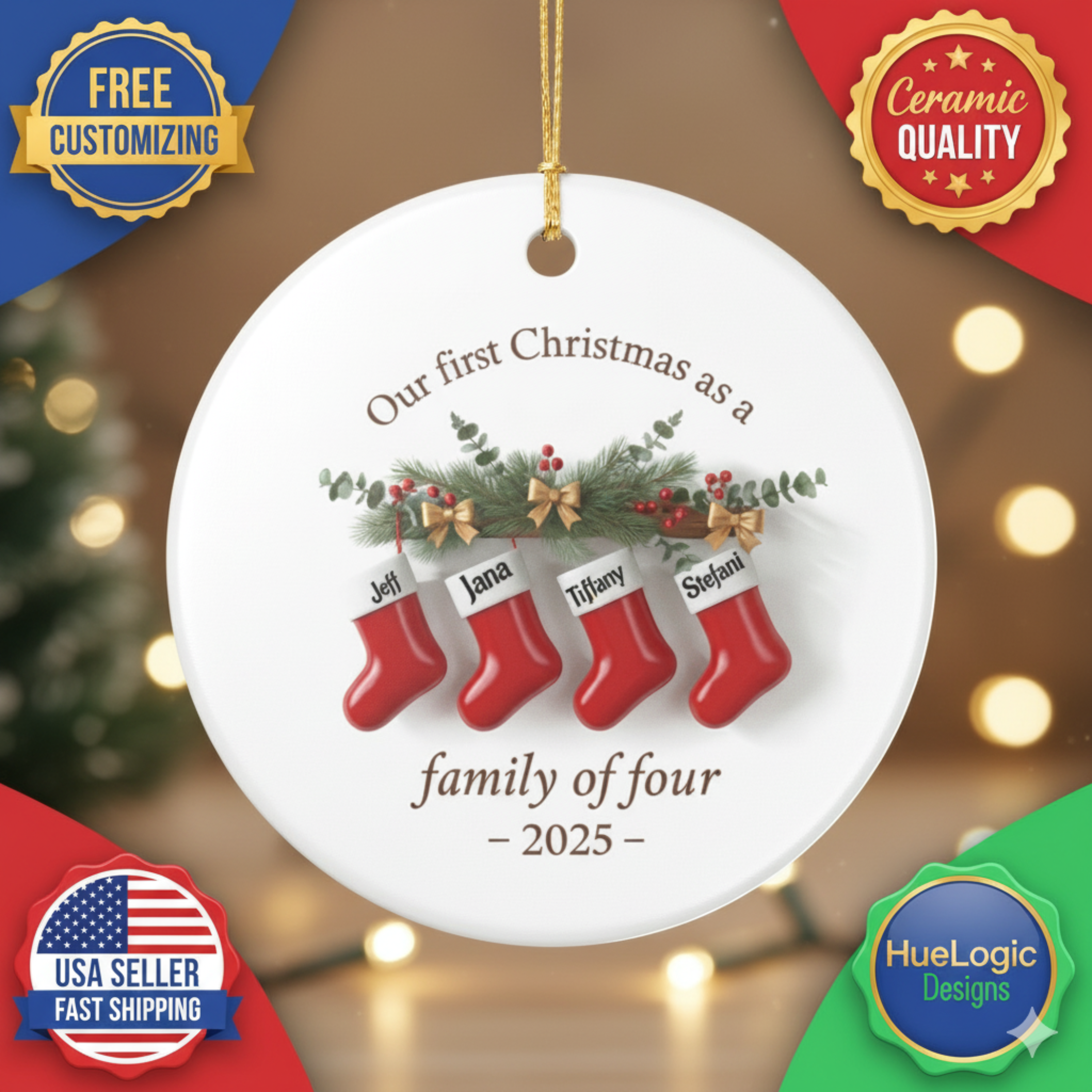 ersonalized Family of Four Ceramic Christmas Ornament – Custom Holiday Keepsake product thumbnail image