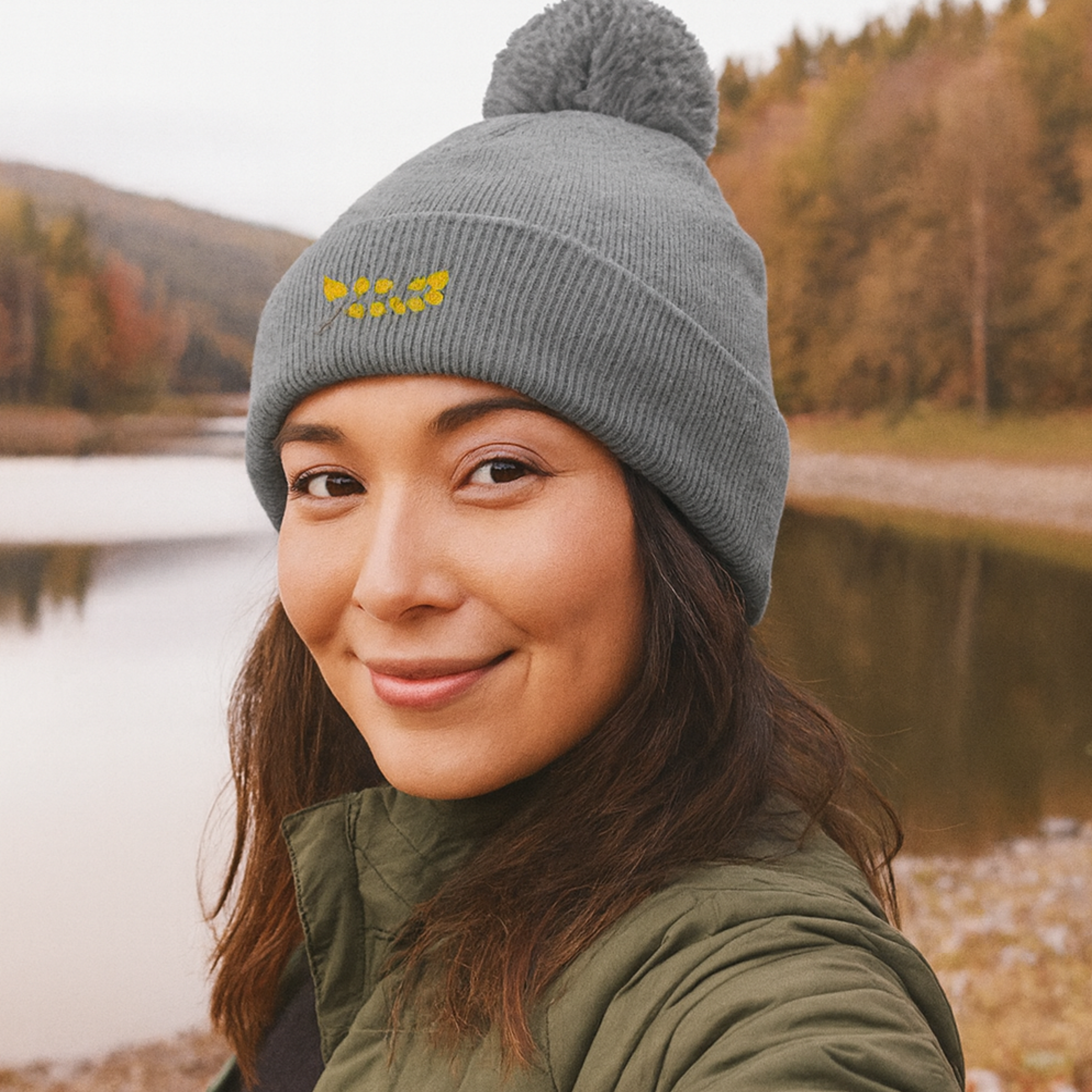 Embroidered Pom-Pom Knit Cap - Cozy Seasonal Beanie for Outdoor Adventures