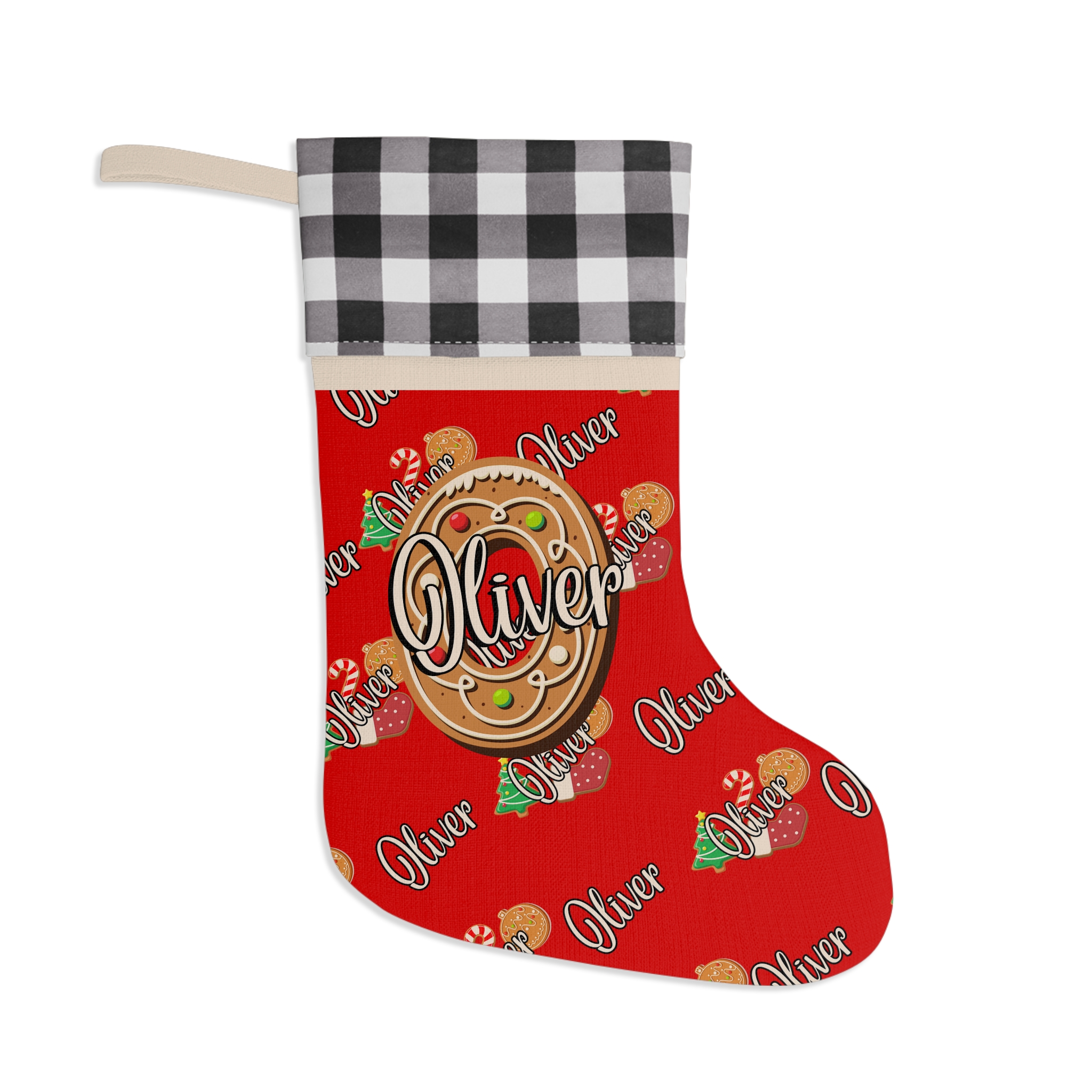 Personalized ChristmasCookie Themed Stocking with Plaid Trim product thumbnail image
