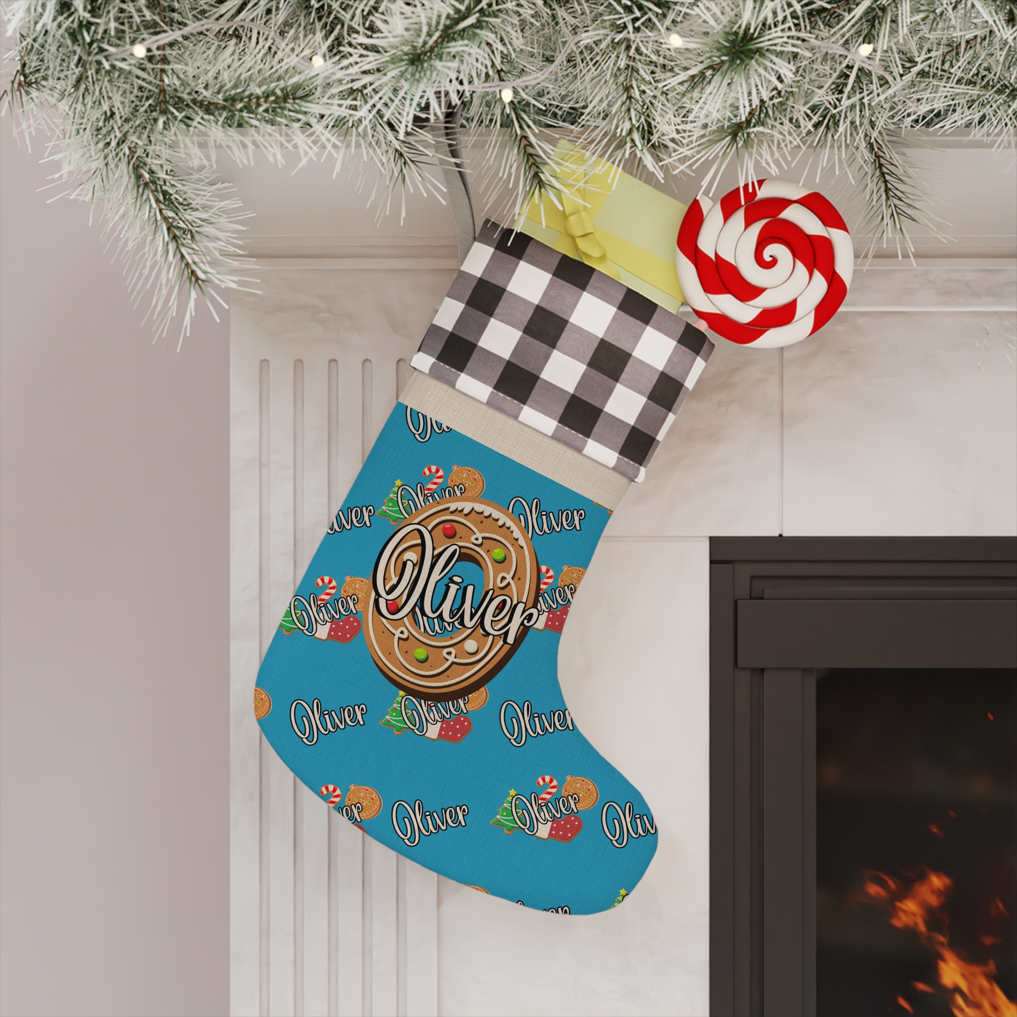 Personalized ChristmasCookie Themed Stocking with Plaid Trim product thumbnail image