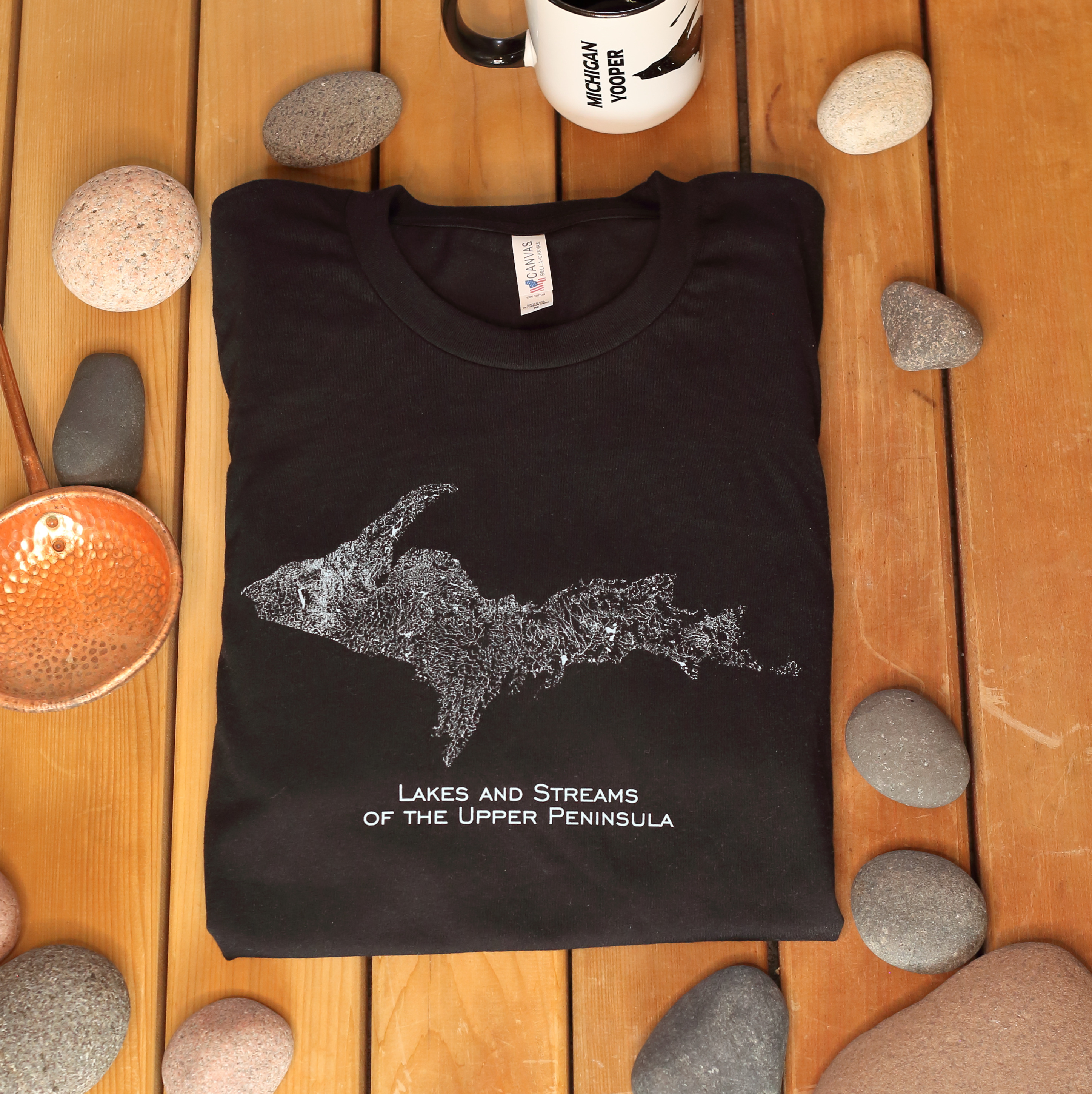 UP Lakes and Streams with Text T-Shirt on Black Unisex Tee | Bella+Canvas 3001U