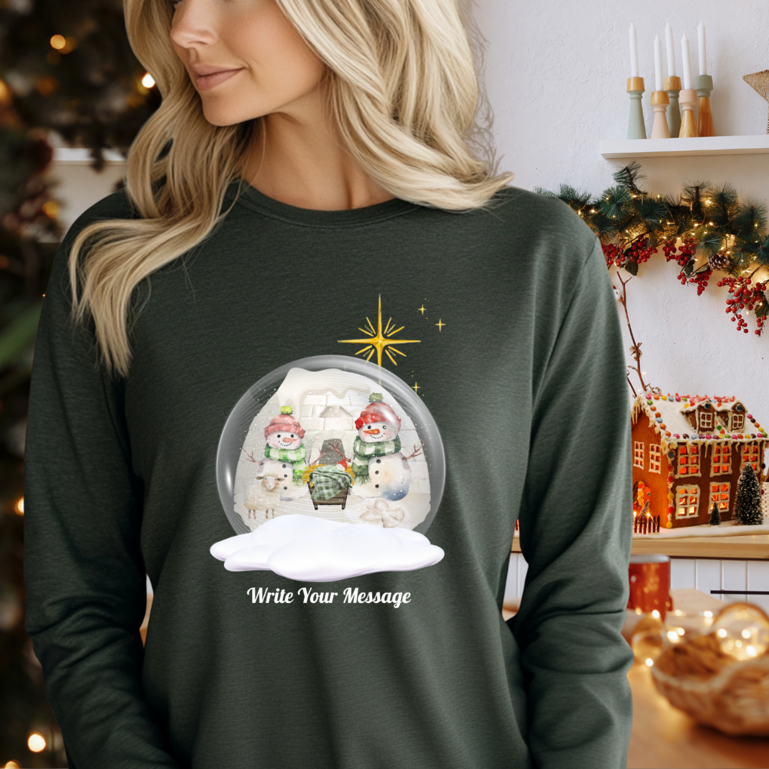 Nativity Snowman Christmas Snow Globe Long Sleeve Tee with a Snowman Angel on the back product thumbnail image Nativity Snowman Christmas Snow Globe Long Sleeve Tee with a Snowman Angel on the back product thumbnail image