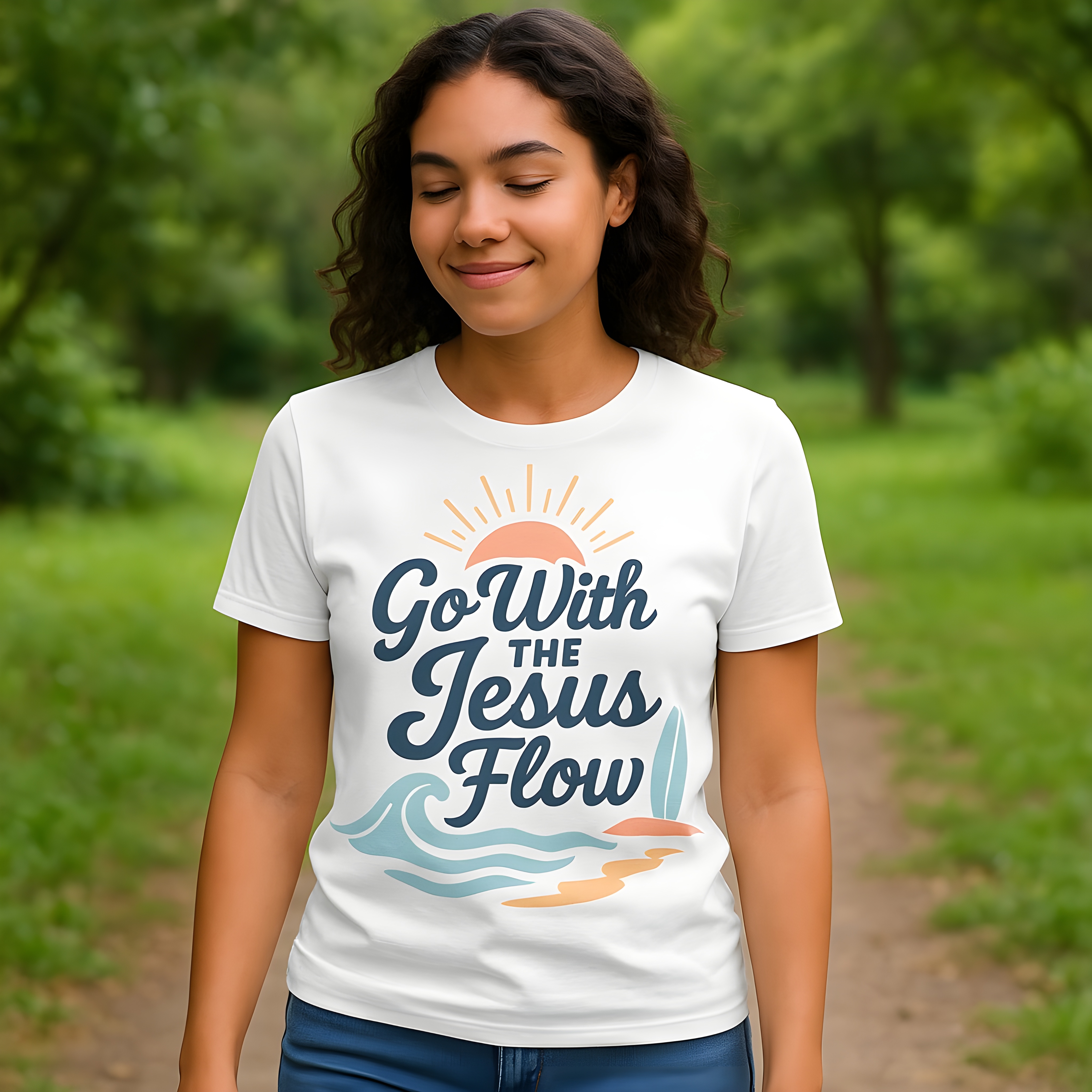 Go With The Jesus Flow Christian T-Shirt – Faith and Coastal Vibes Shirt for Women, Relaxed Softstyle Christian Tee, Inspirational Summer Apparel Gift