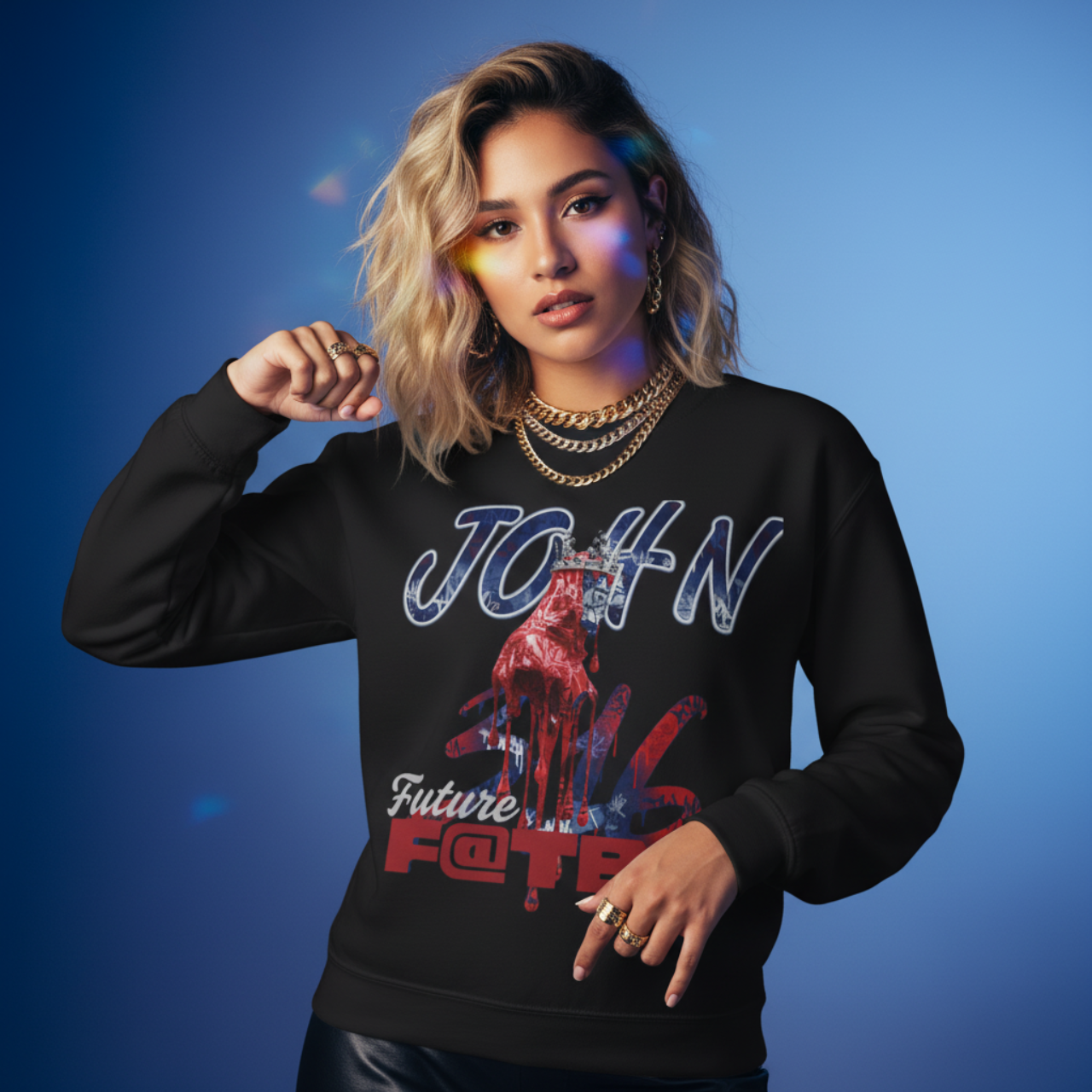 Future Fatboi Hip Hop Crewneck Sweatshirt with 'John 3:16' Design product thumbnail image Future Fatboi Hip Hop Crewneck Sweatshirt with 'John 3:16' Design product thumbnail image