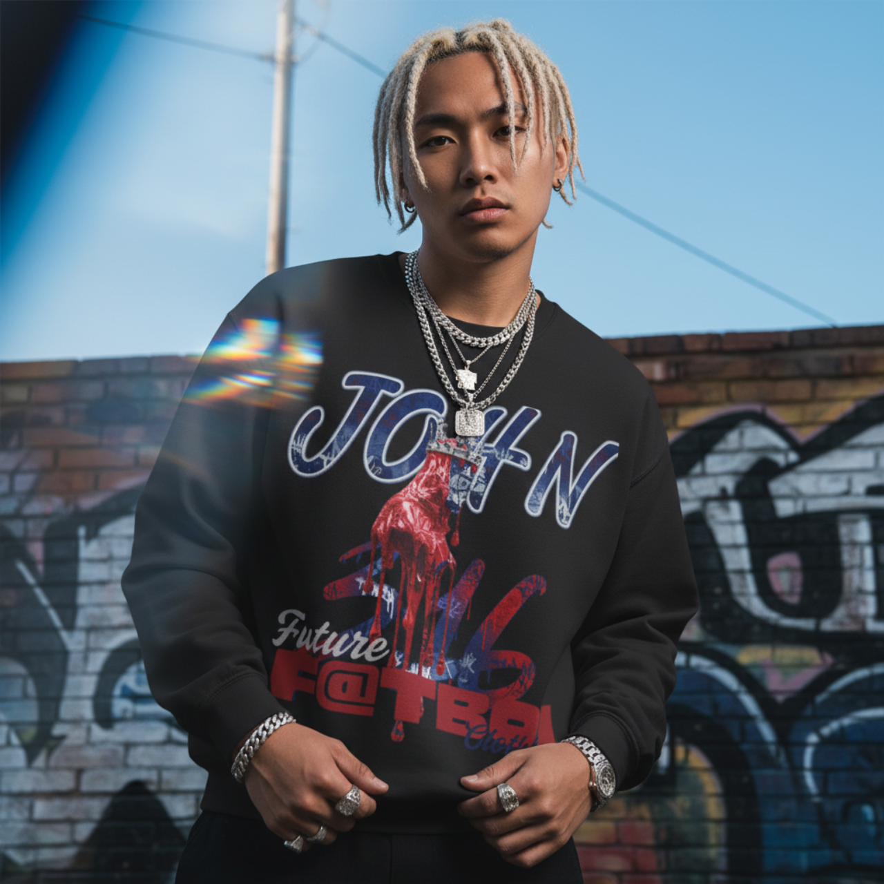 Future Fatboi Hip Hop Crewneck Sweatshirt with 'John 3:16' Design Future Fatboi Hip Hop Crewneck Sweatshirt with 'John 3:16' Design