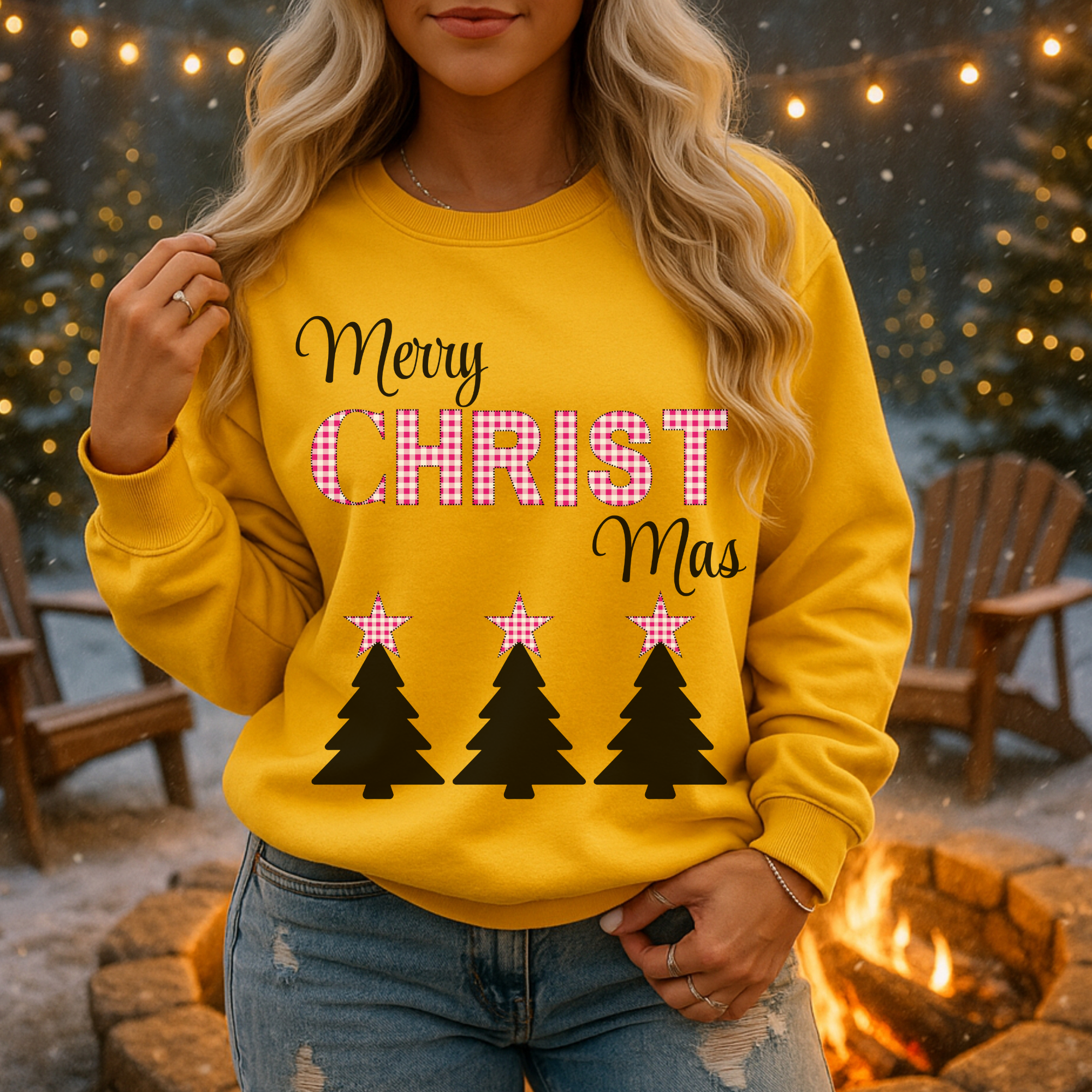 Merry CHRISTmas Crewneck Sweatshirt, Pink Plaid Lettering, Black Christmas tree with plaid star, Faith, Xmas Pullover, Christ, Christian