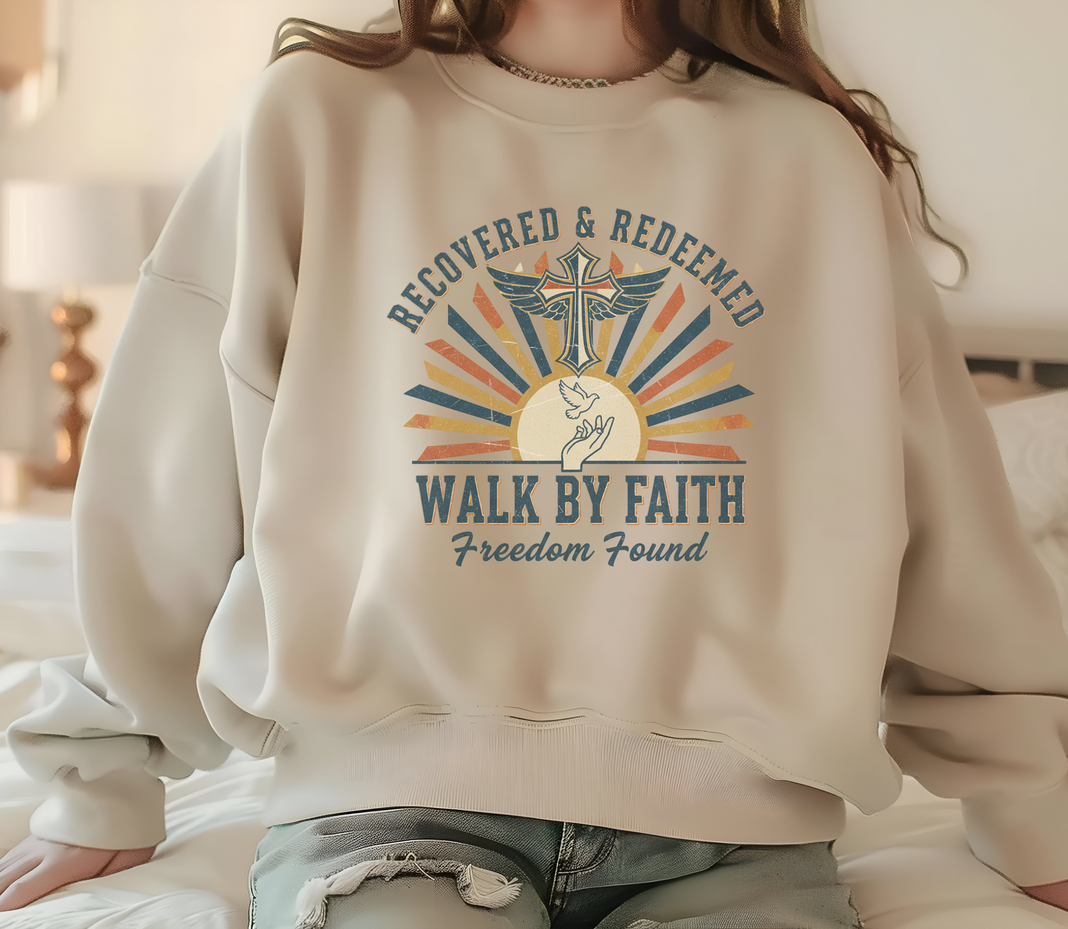 Recovered &amp; Redeemed Inspirational Faith Crewneck Sweatshirt – Walk By Faith Design, Gift Idea, Sobriety Inspired, Spiritual Clothing product thumbnail image