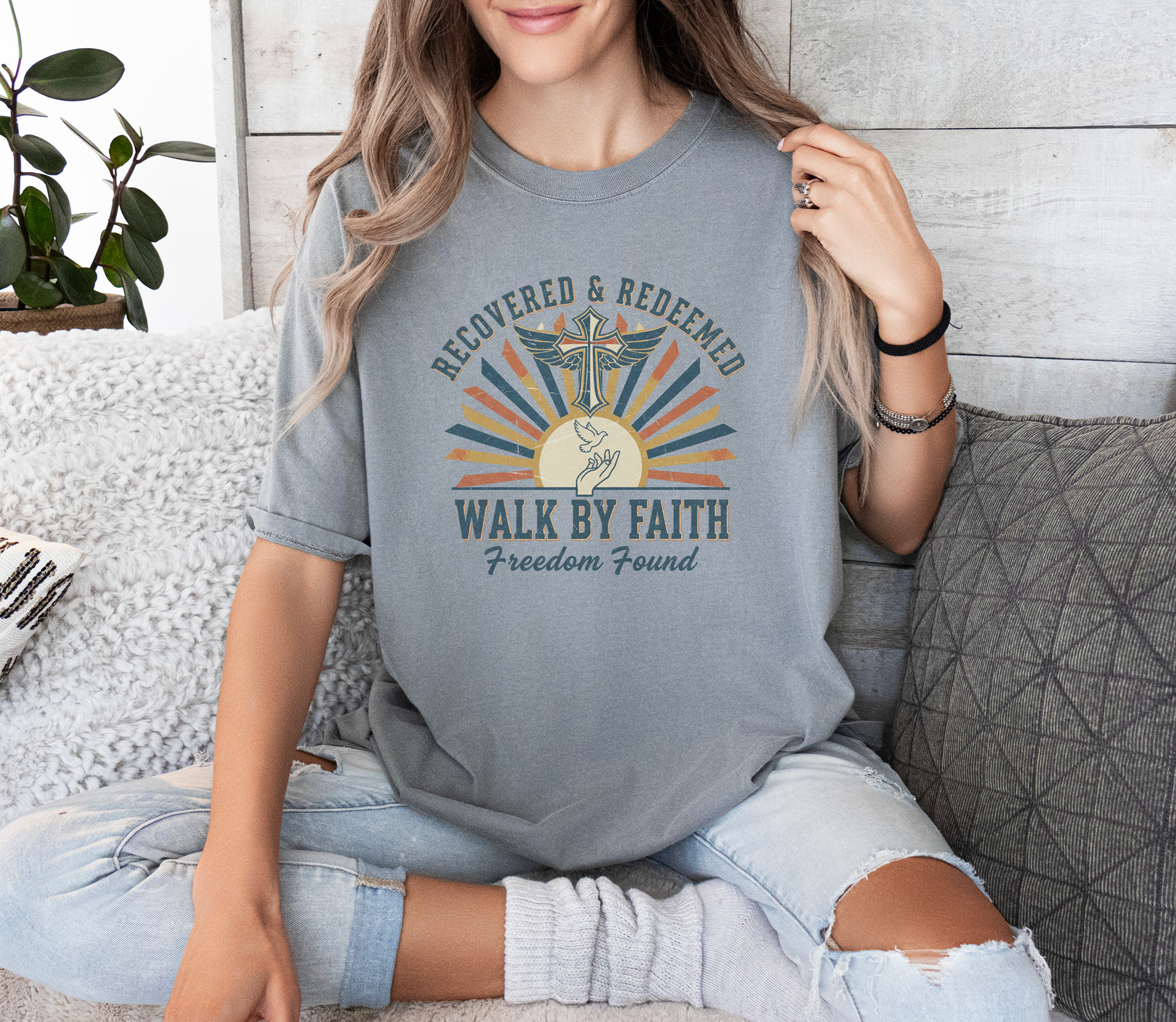 Faith-Inspired Unisex T-Shirt - Walk By Faith Design, Christian Cross, Dove Spiritual, Gift Idea, Sunrae of retro colors, Retro Sobriety product thumbnail image