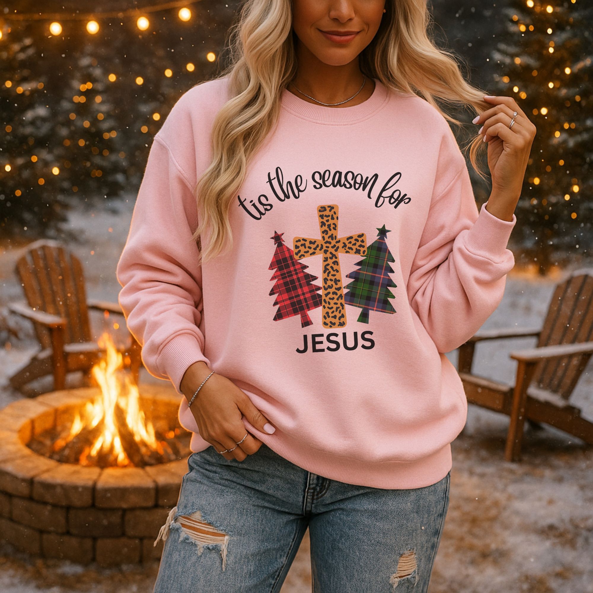 Tis the season for Jesus, Christmas Christian Crewneck Sweatshirt, Plaid Trees & Leopard Print Cross, Unsex Pullover, Religious Gift Tis the season for Jesus, Christmas Christian Crewneck Sweatshirt, Plaid Trees & Leopard Print Cross, Unsex Pullover, Religious Gift