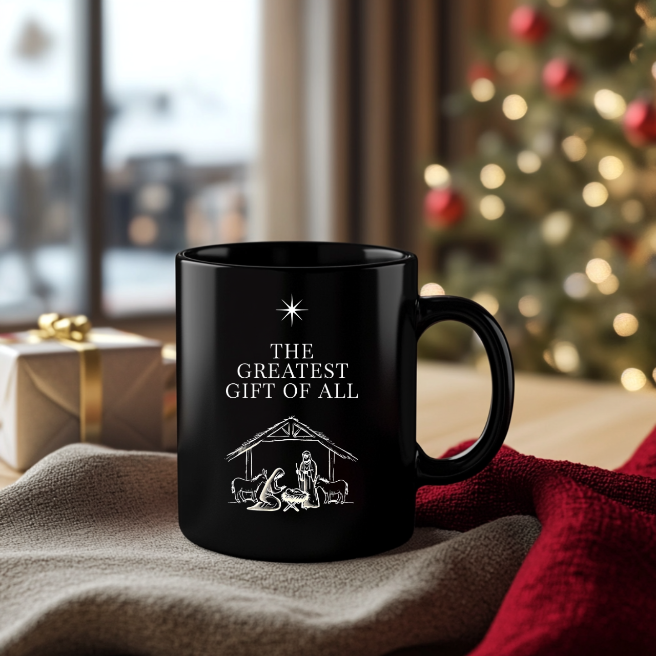The Greatest Gift of All Christian Black Coffee Mug | Christmas Gift Ceramic Cup 11oz, 15oz product thumbnail image