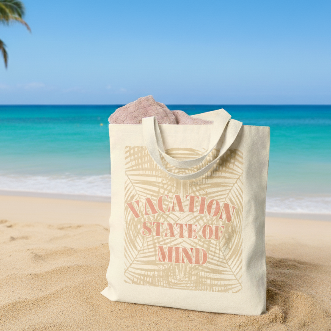 Vacation State of Mind Canvas Tote with Tropical Leaves | Summer Beach Bag | Seafoam Dreams Collection product thumbnail image
