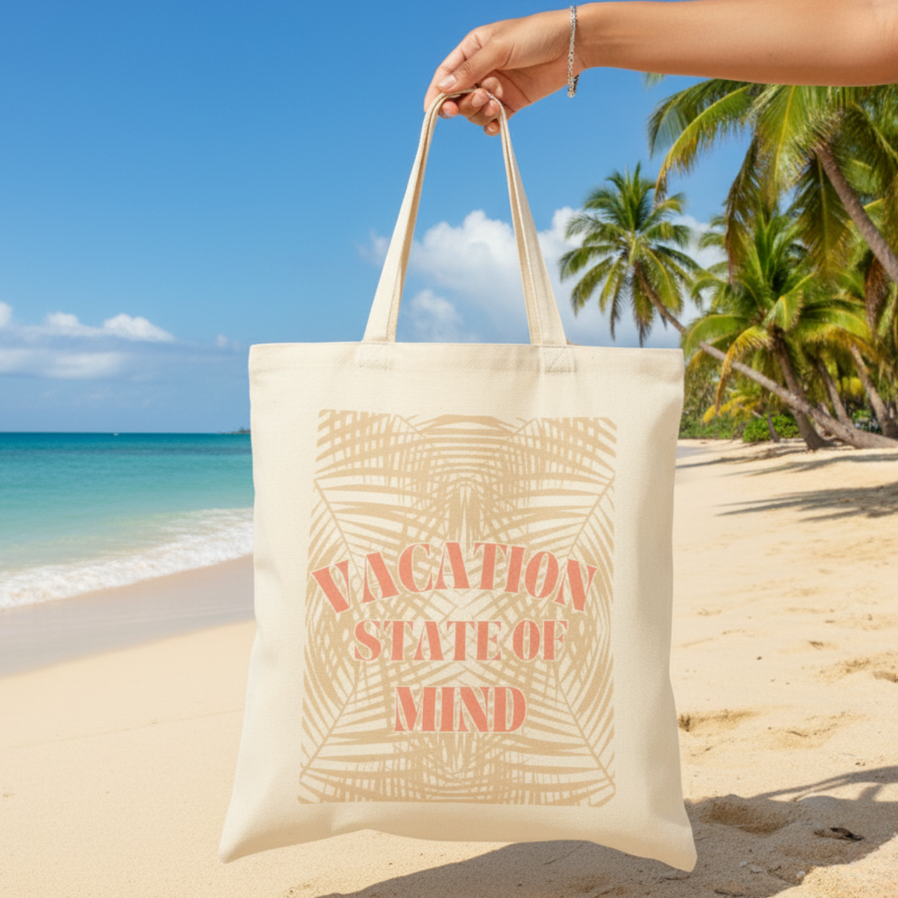 Vacation State of Mind Canvas Tote with Tropical Leaves | Summer Beach Bag | Seafoam Dreams Collection product thumbnail image Vacation State of Mind Canvas Tote with Tropical Leaves | Summer Beach Bag | Seafoam Dreams Collection product thumbnail image