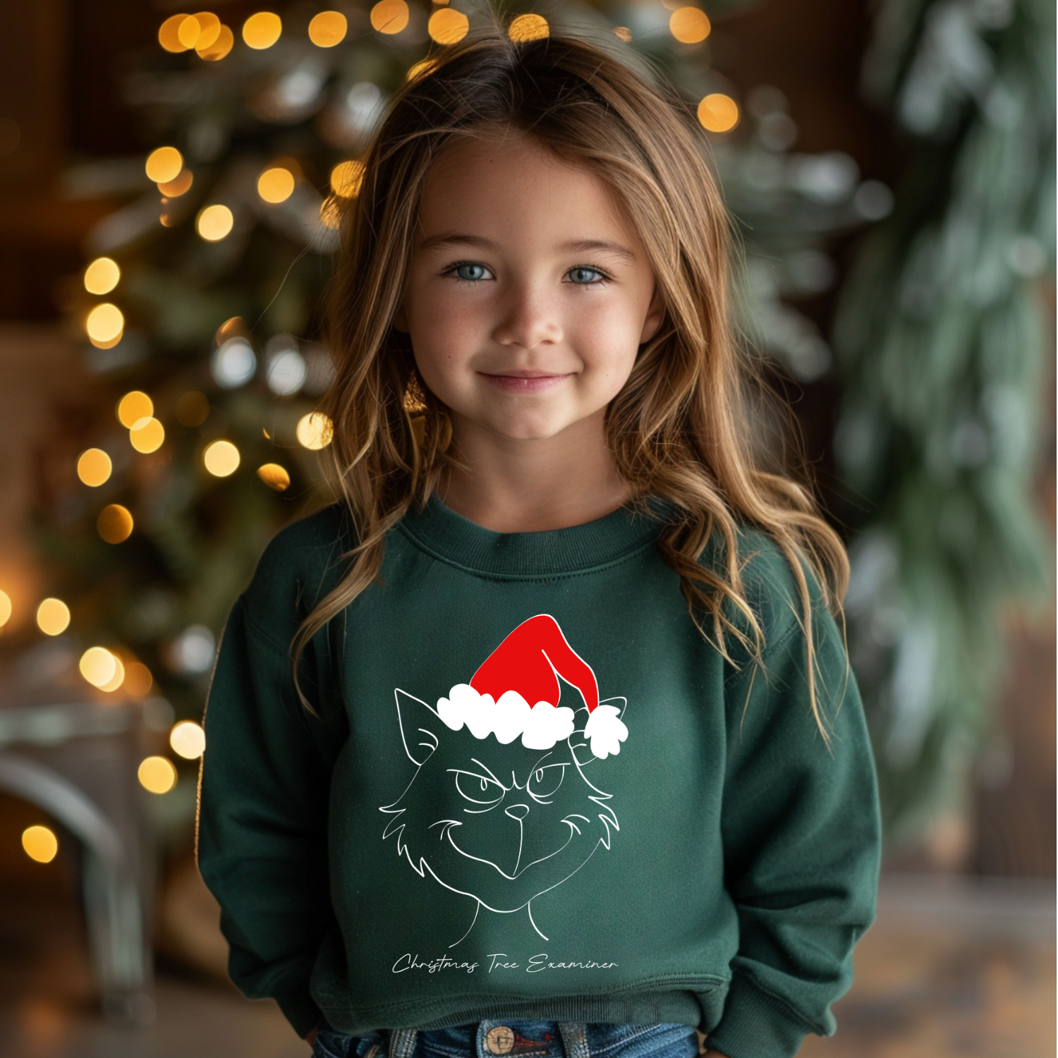 Grinchy Kitty, Christmas Grinch Cat Youth Crewneck Sweatshirt, Cozy Holiday Sweater, Winter, Gift for Kids, Tree Examiner product thumbnail image