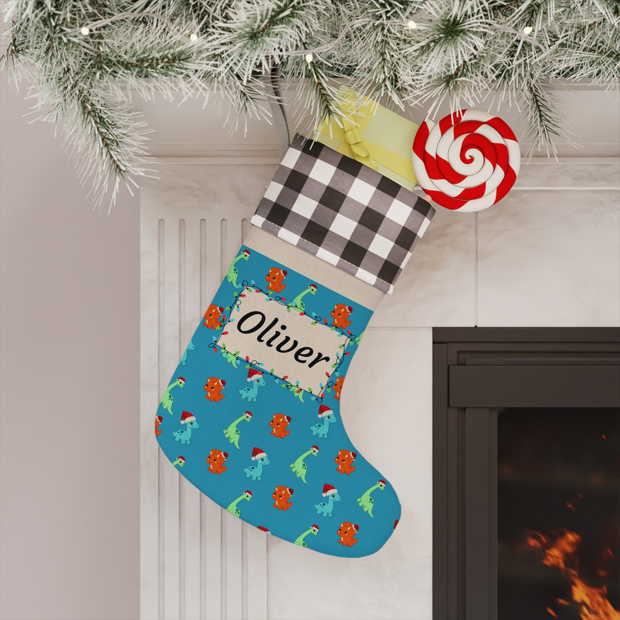 Personalized Christmas Stocking — Buffalo Plaid Trim with Dinosaur Pattern &amp; Name Frame | Custom Color Holiday Stocking product thumbnail image