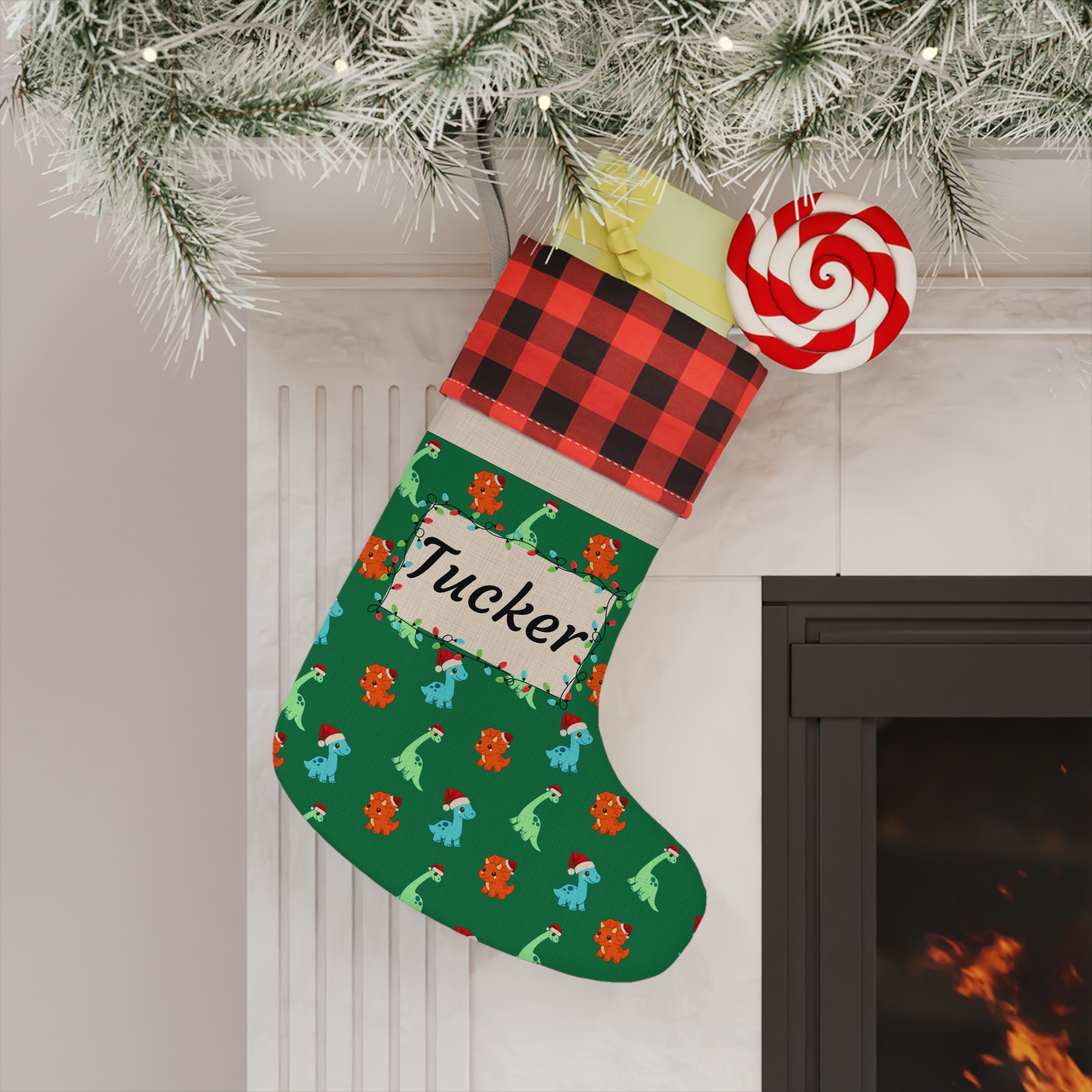 Personalized Christmas Stocking — Buffalo Plaid Trim with Dinosaur Pattern &amp; Name Frame | Custom Color Holiday Stocking product thumbnail image