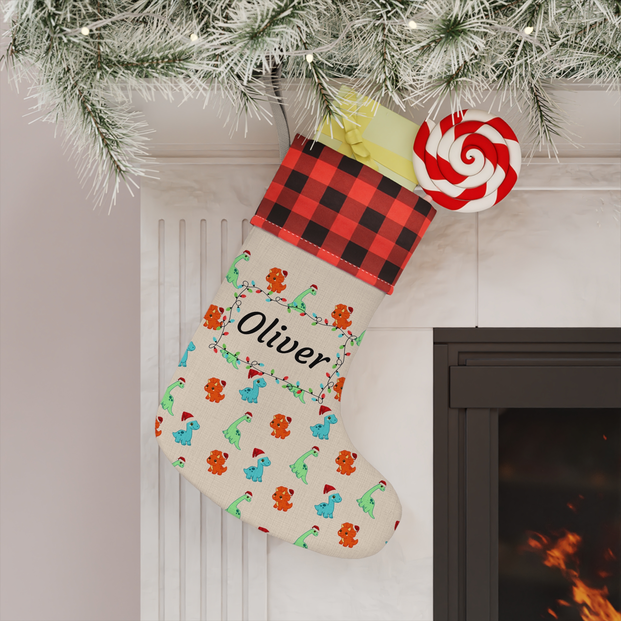 Personalized Christmas Stocking — Buffalo Plaid Trim with Dinosaur Pattern &amp; Name Frame | Custom Color Holiday Stocking product thumbnail image