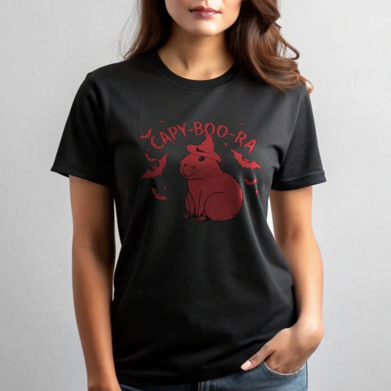 Brasil Capy-Boo-Ra Halloween Tee - Cute Brazilian Capybara with Spooky Bats product thumbnail image