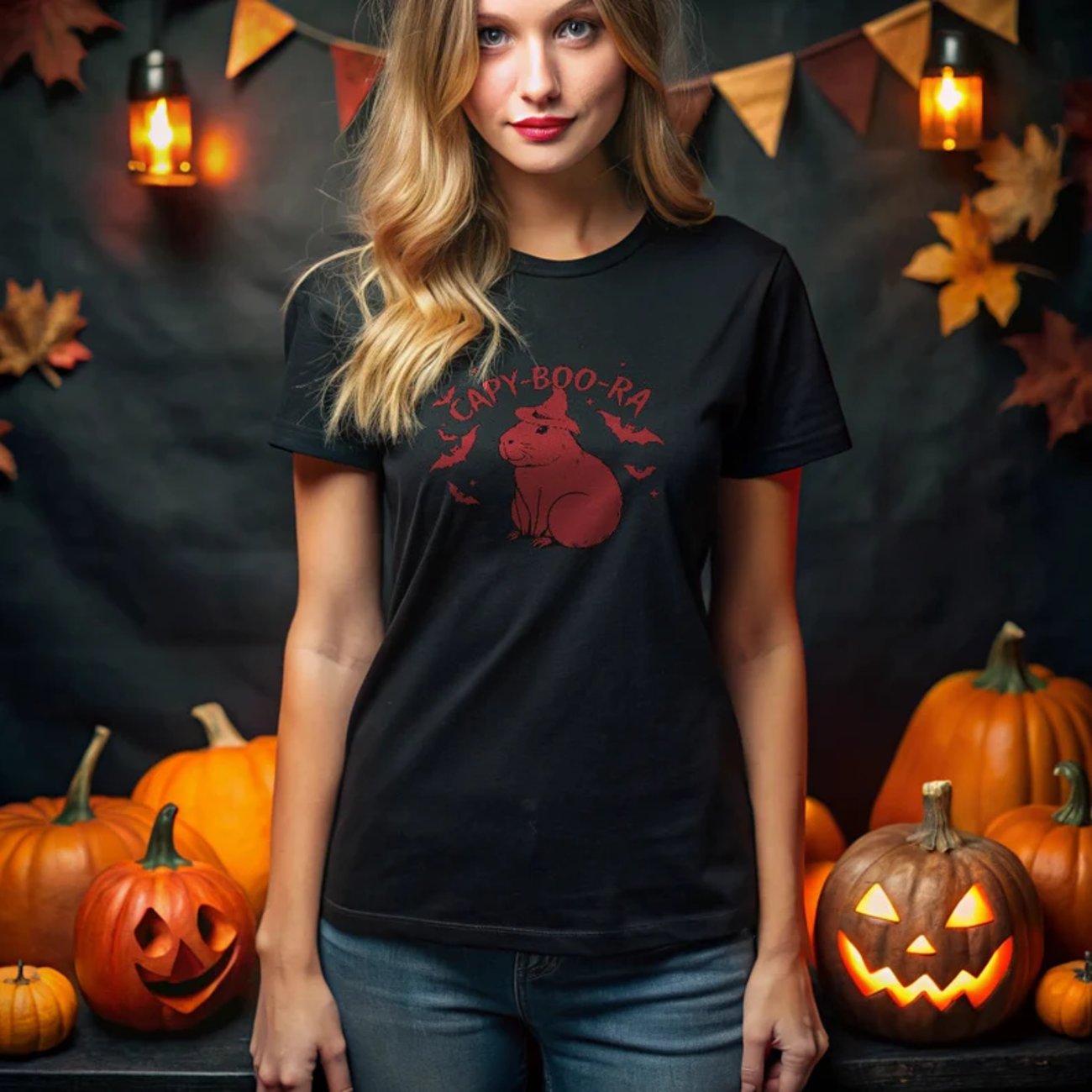 Brasil Capy-Boo-Ra Halloween Tee - Cute Brazilian Capybara with Spooky Bats product thumbnail image