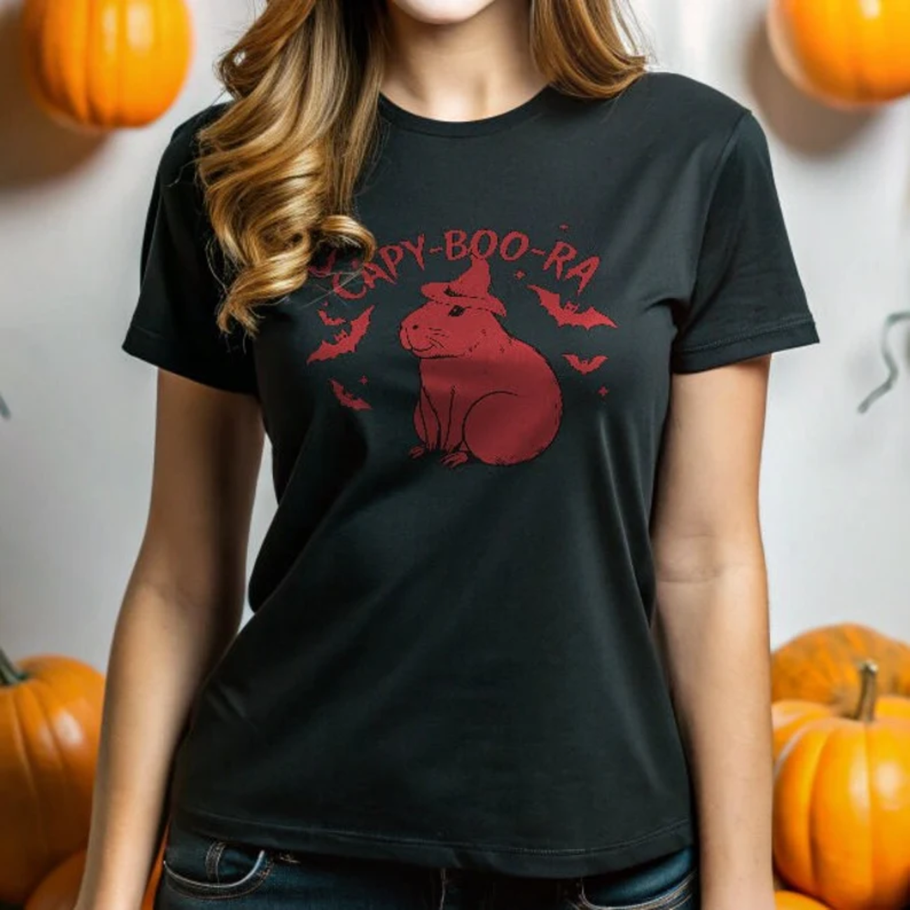 Brasil Capy-Boo-Ra Halloween Tee - Cute Brazilian Capybara with Spooky Bats product thumbnail image