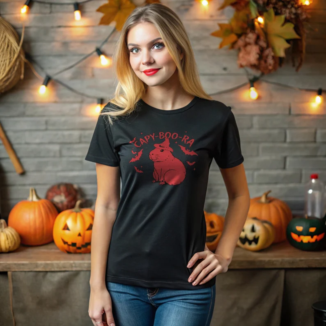 Brasil Capy-Boo-Ra Halloween Tee - Cute Brazilian Capybara with Spooky Bats