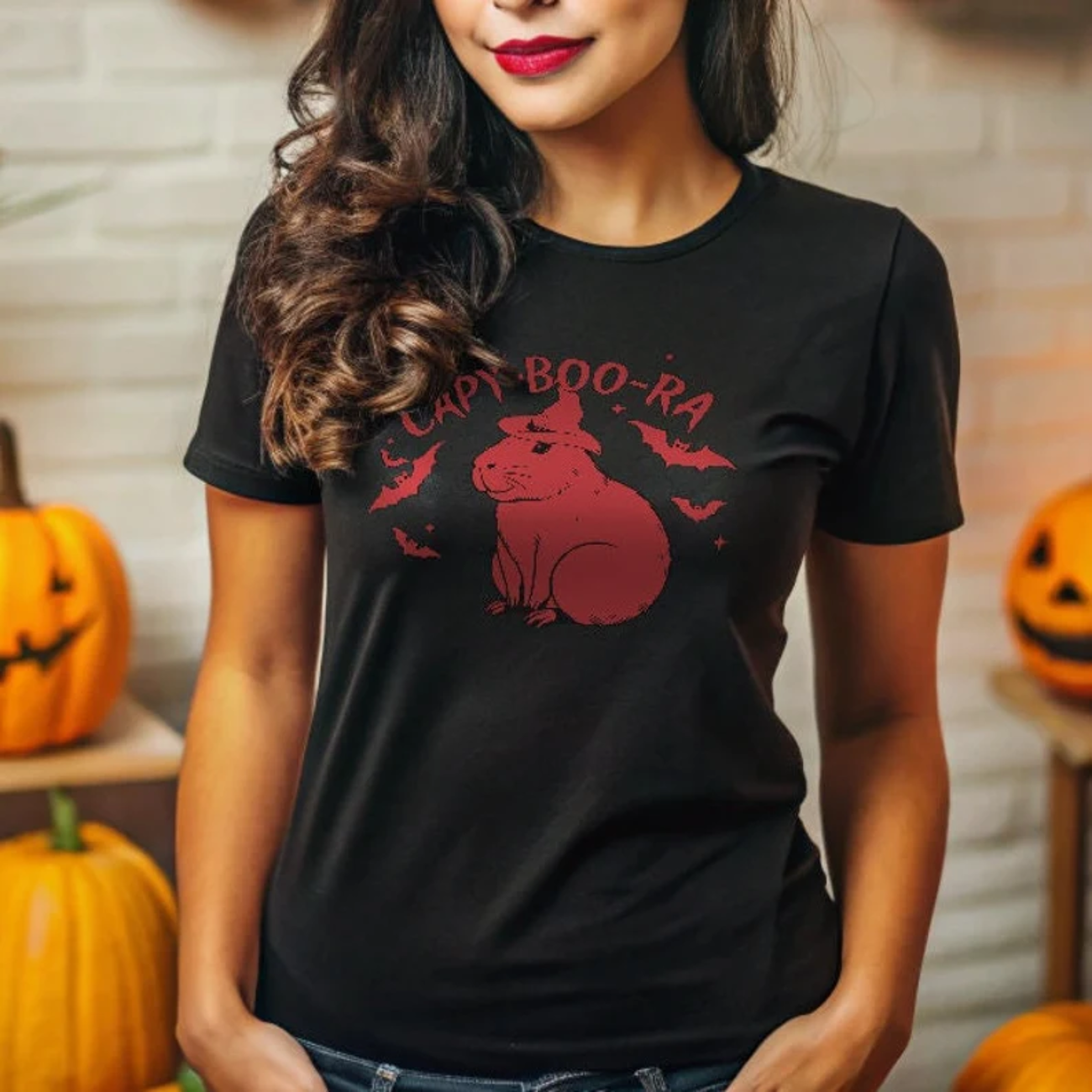 Brasil Capy-Boo-Ra Halloween Tee - Cute Brazilian Capybara with Spooky Bats product thumbnail image