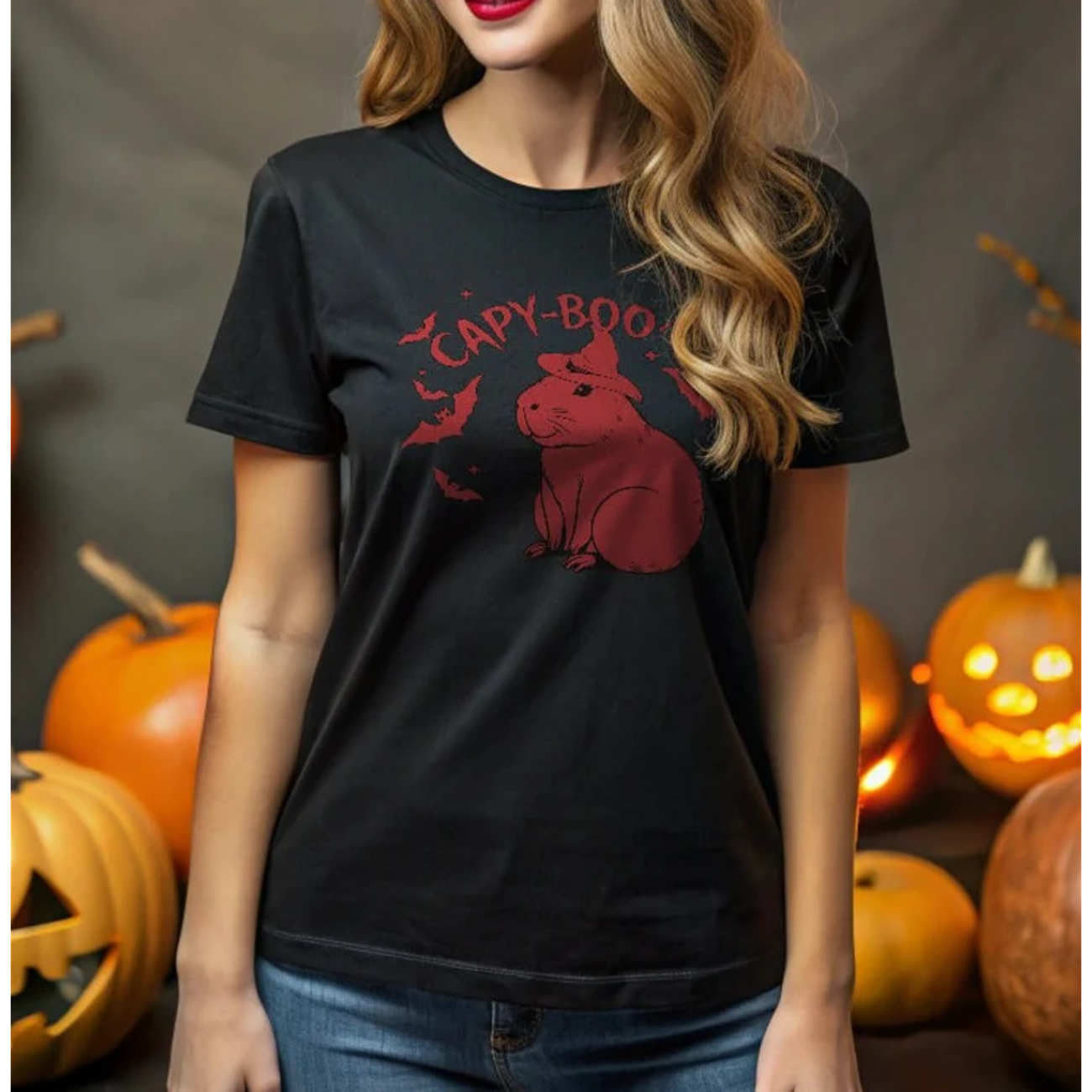 Brasil Capy-Boo-Ra Halloween Tee - Cute Brazilian Capybara with Spooky Bats product thumbnail image