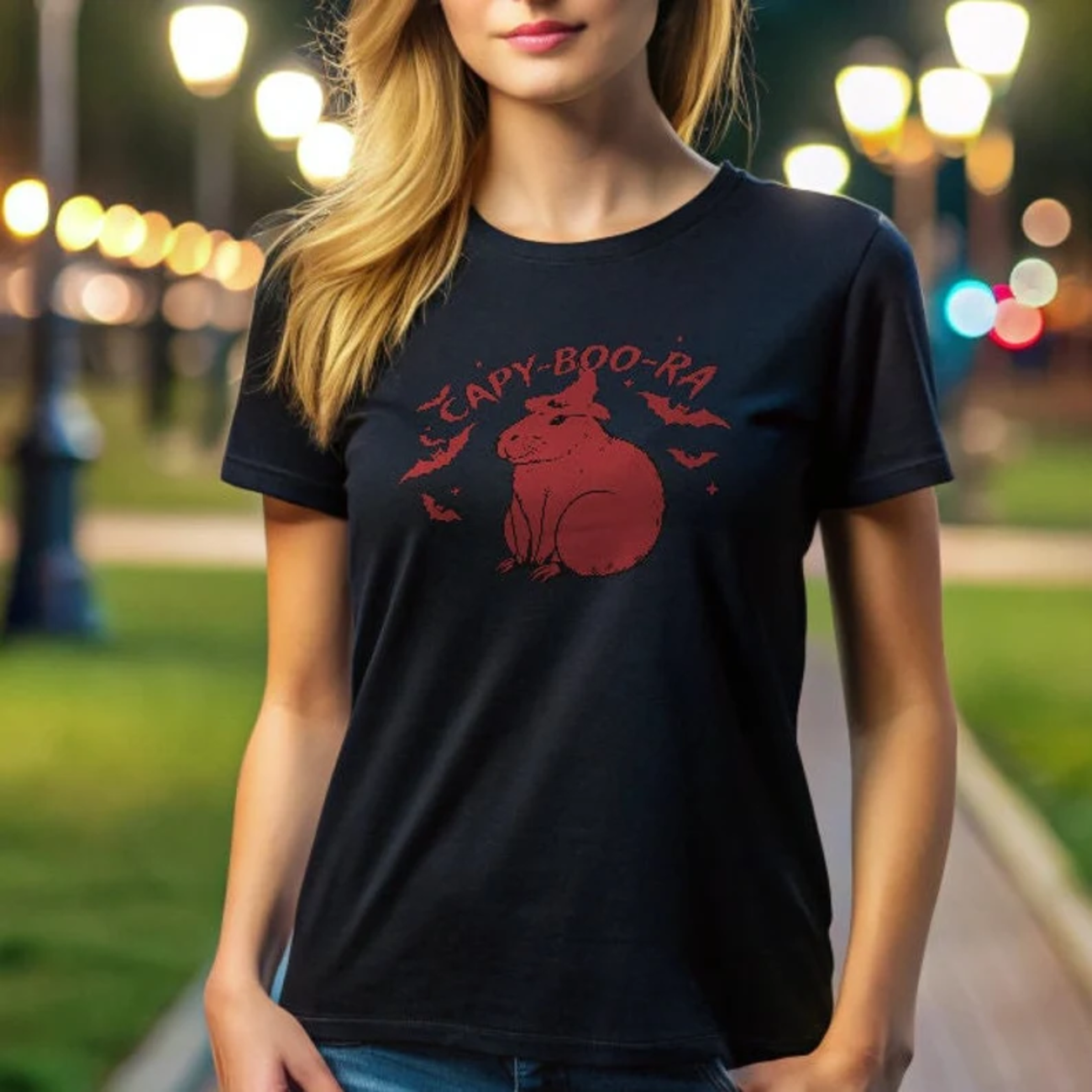 Brasil Capy-Boo-Ra Halloween Tee - Cute Brazilian Capybara with Spooky Bats product thumbnail image