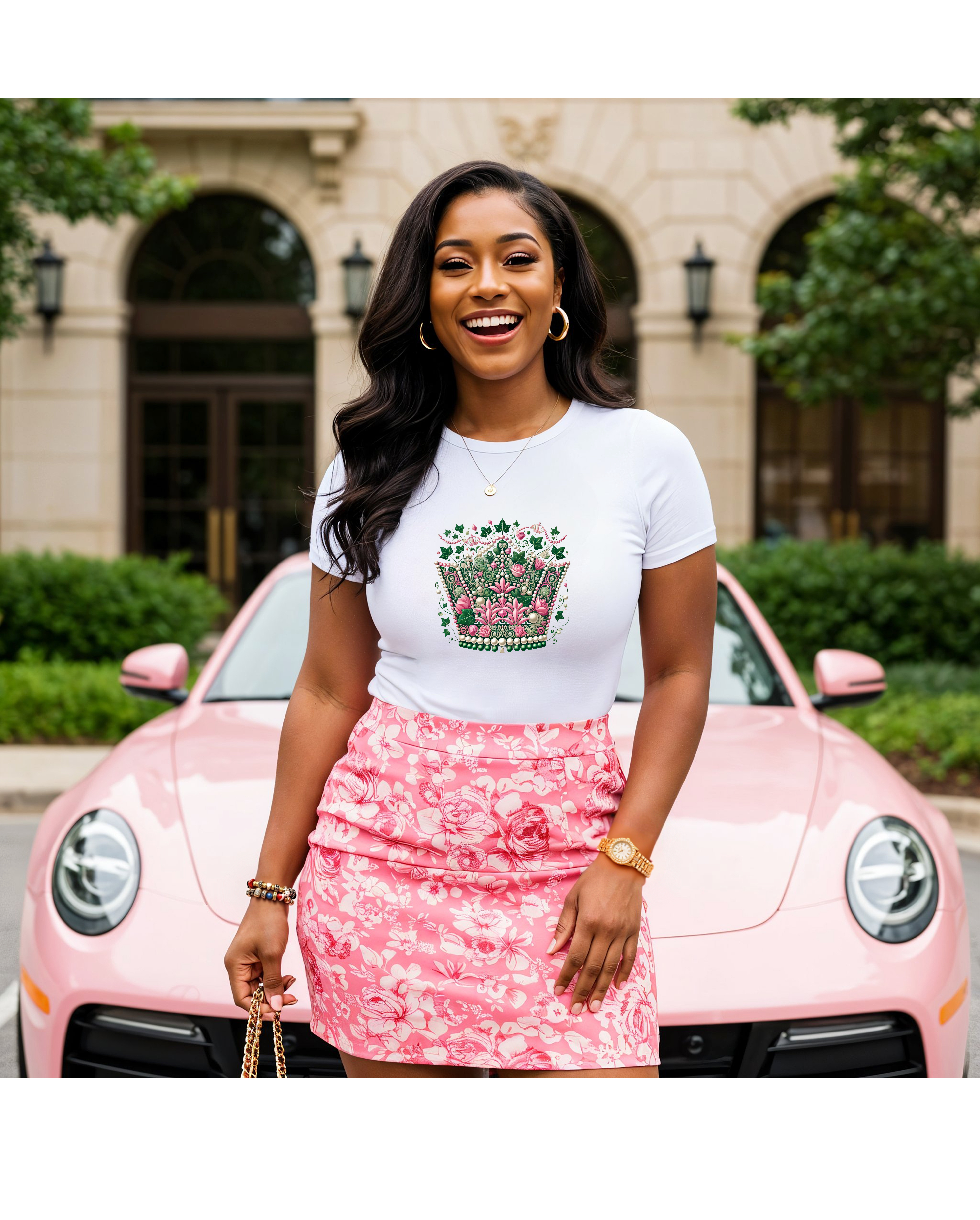 Pink & Green Sorority Inspired Crown Women Tee product thumbnail image Pink & Green Sorority Inspired Crown Women Tee product thumbnail image