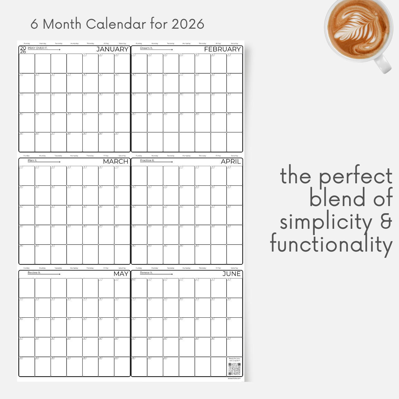 2026 Wall Calendar. 6 Months January - June. Minimalist Design for Planning &amp; Organizing