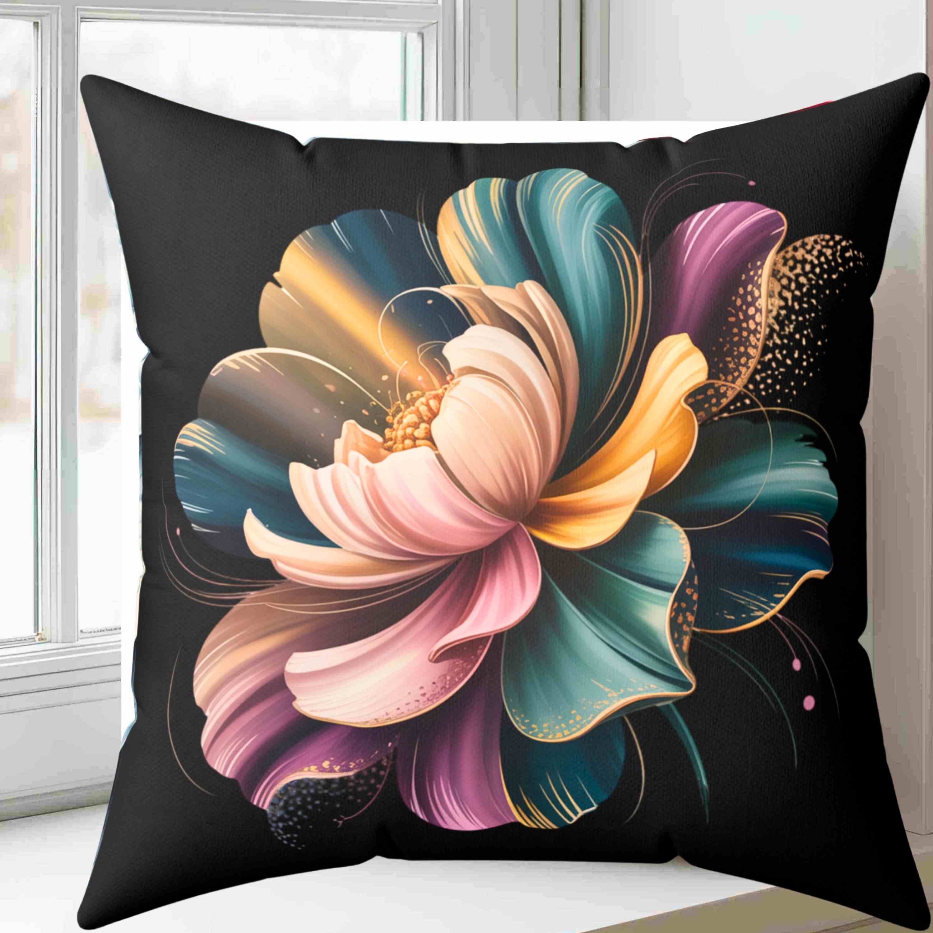 Artistic Floral Pillow – Purple, Green &amp; Gold Bloom on Deep Black Canvas, Modern Home Decor, Gift for Her, Cozy Living Room Accent, Flower Pattern Cushion