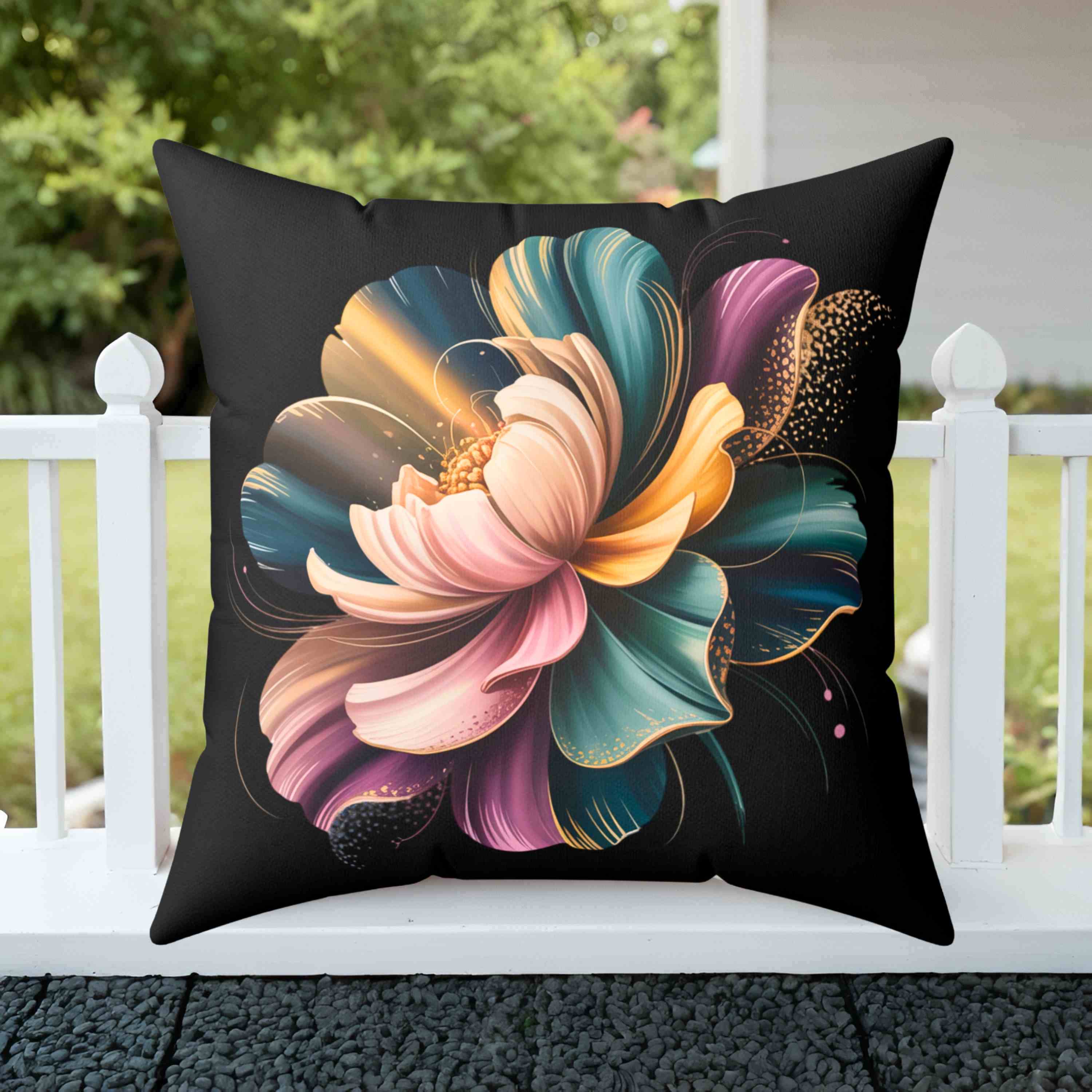 Artistic Floral Pillow – Purple, Green &amp; Gold Bloom on Deep Black Canvas, Modern Home Decor, Gift for Her, Cozy Living Room Accent, Flower Pattern Cushion product thumbnail image