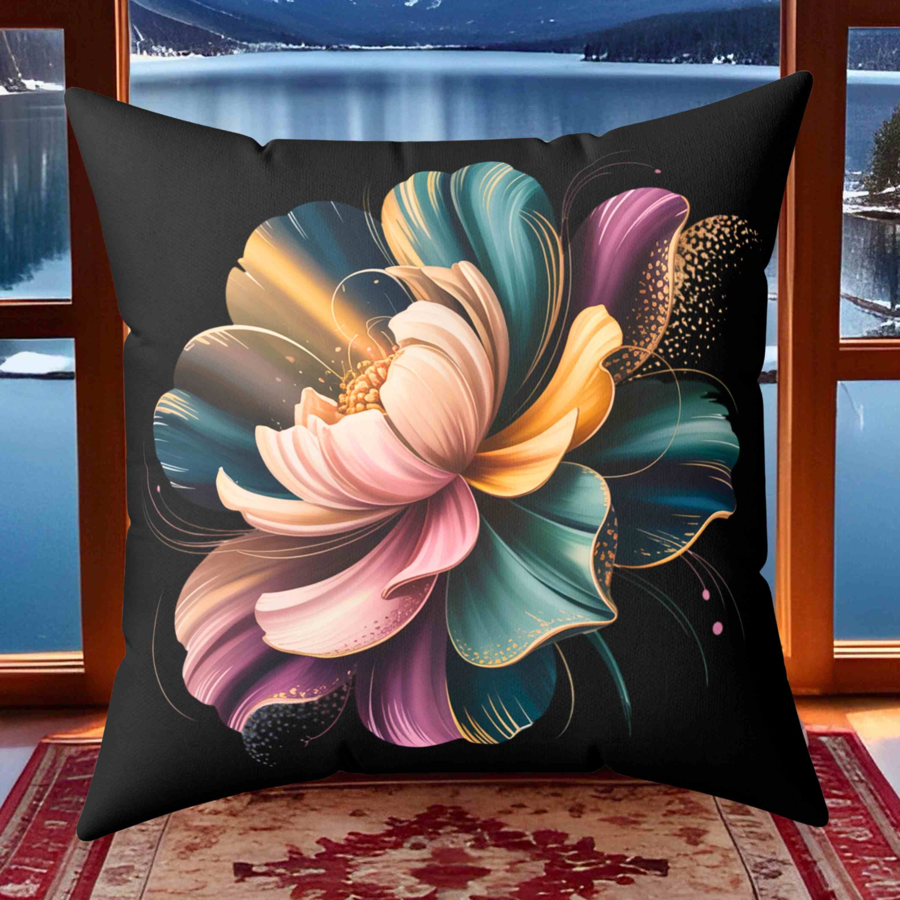 Artistic Floral Pillow – Purple, Green &amp; Gold Bloom on Deep Black Canvas, Modern Home Decor, Gift for Her, Cozy Living Room Accent, Flower Pattern Cushion product thumbnail image