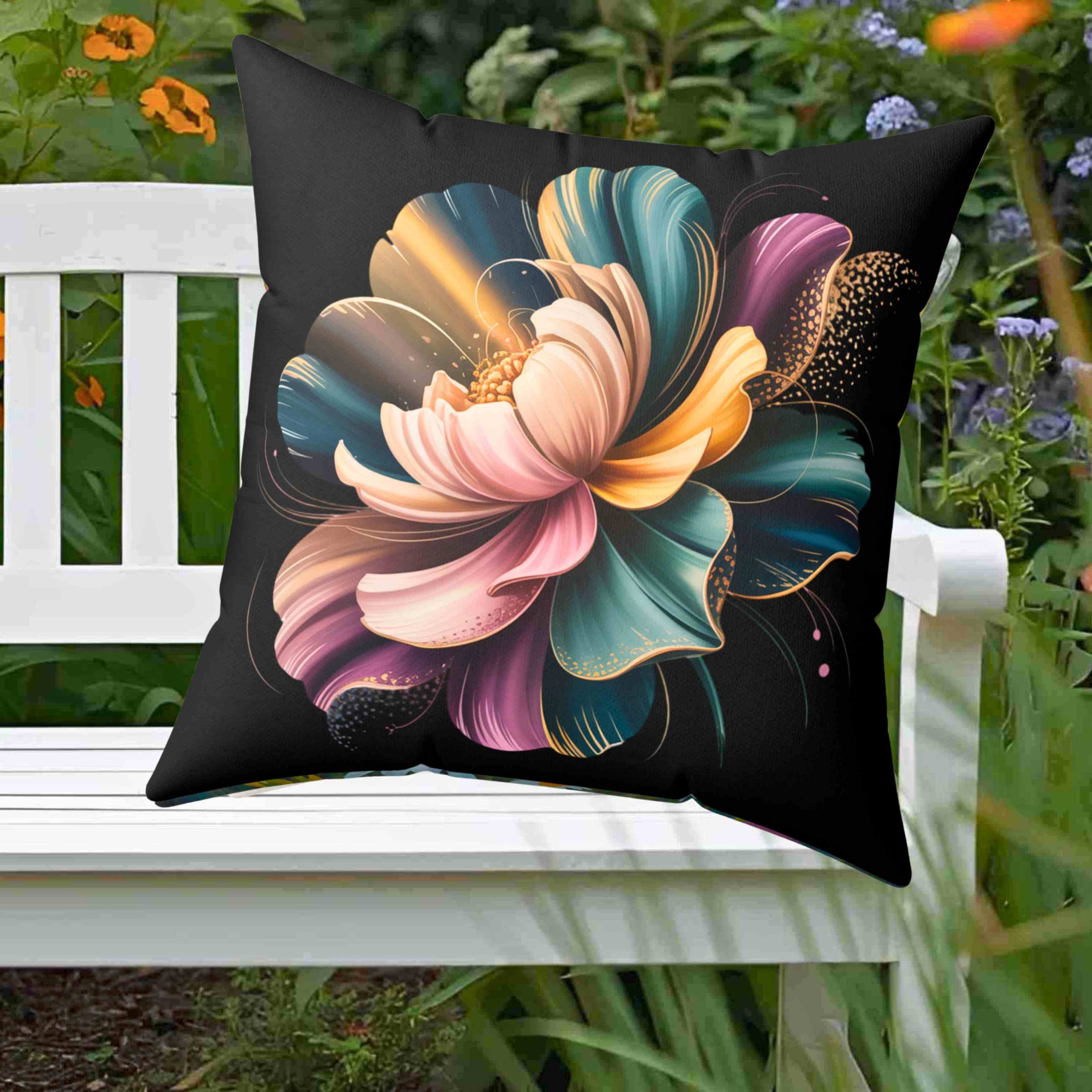 Artistic Floral Pillow – Purple, Green &amp; Gold Bloom on Deep Black Canvas, Modern Home Decor, Gift for Her, Cozy Living Room Accent, Flower Pattern Cushion product thumbnail image