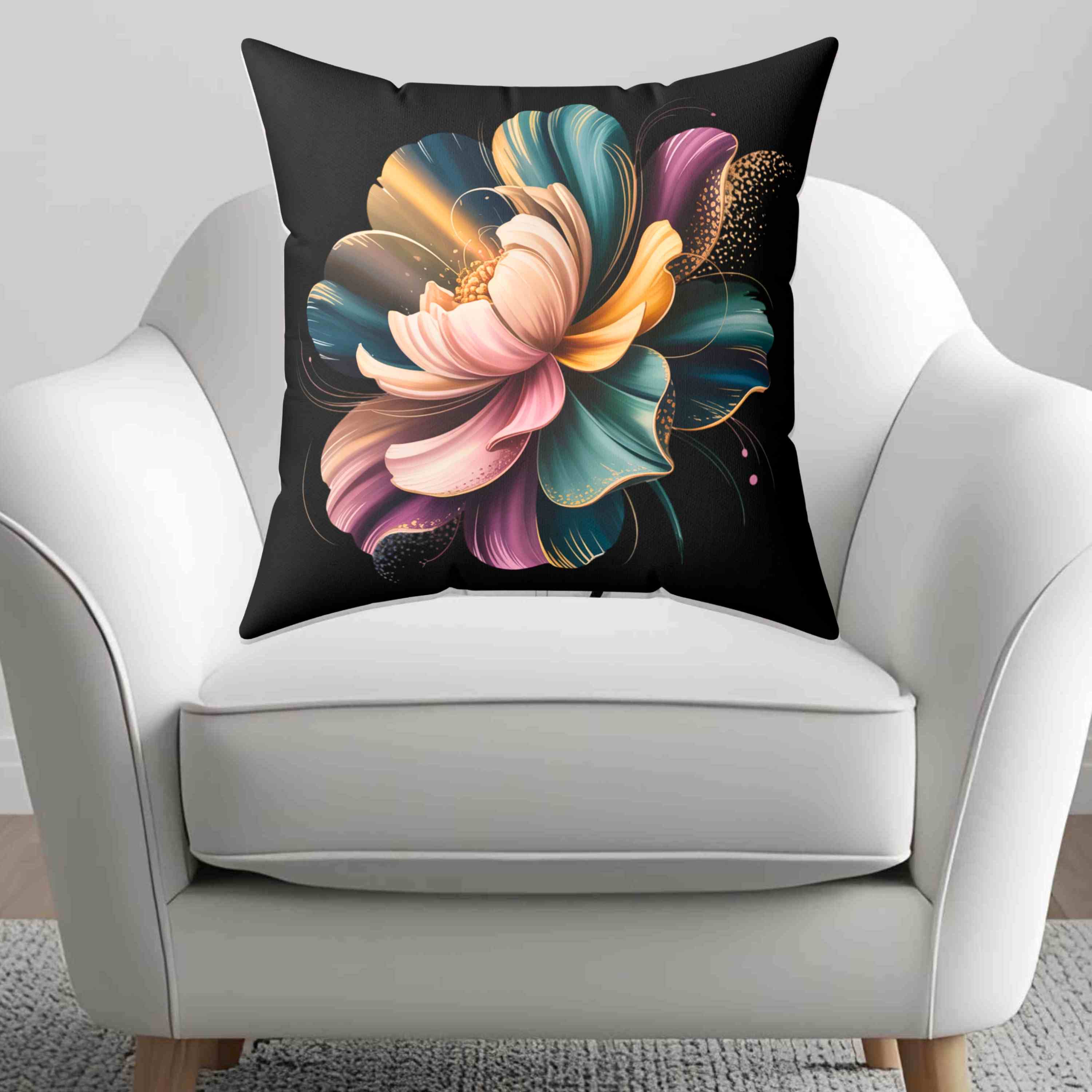 Artistic Floral Pillow – Purple, Green &amp; Gold Bloom on Deep Black Canvas, Modern Home Decor, Gift for Her, Cozy Living Room Accent, Flower Pattern Cushion product thumbnail image