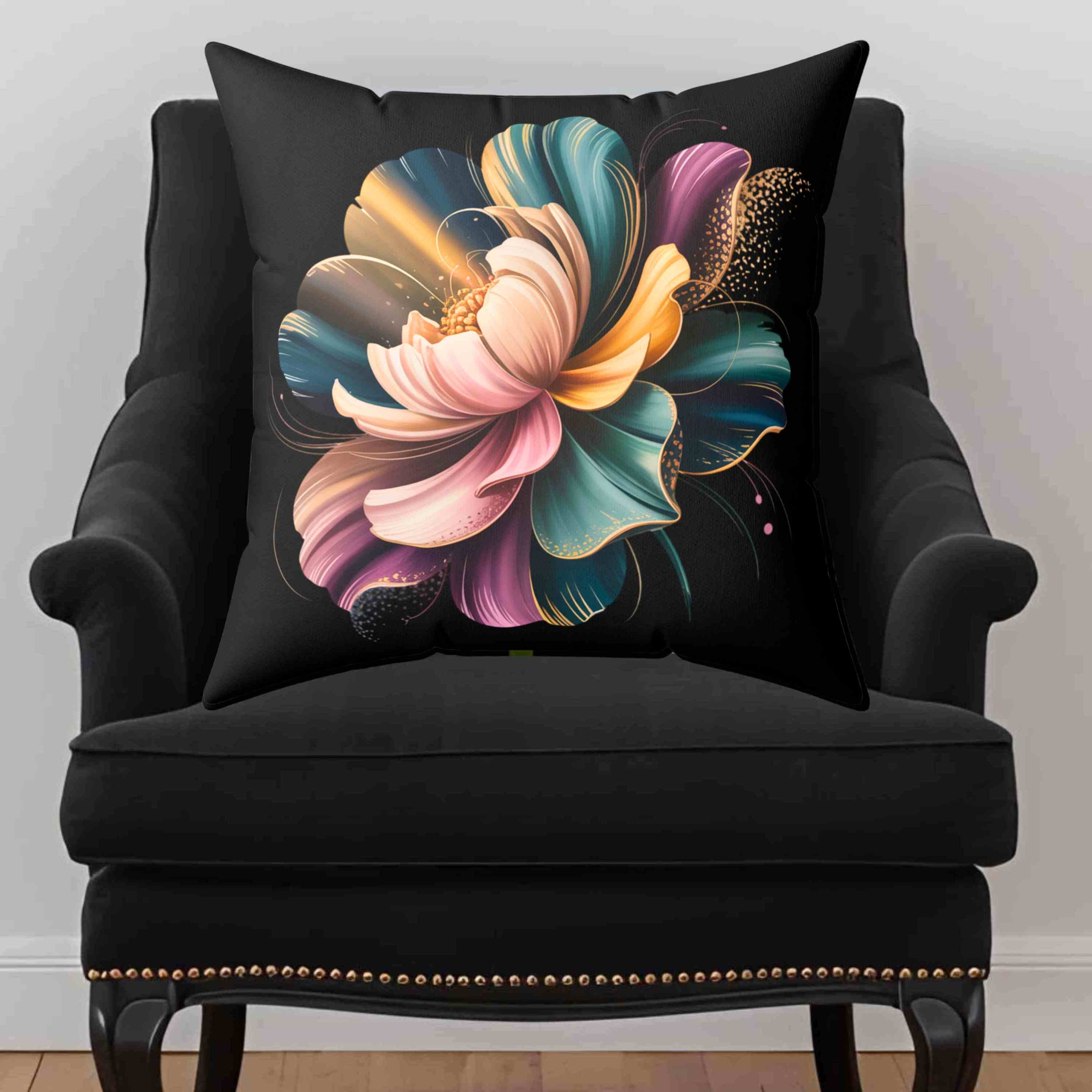Artistic Floral Pillow – Purple, Green &amp; Gold Bloom on Deep Black Canvas, Modern Home Decor, Gift for Her, Cozy Living Room Accent, Flower Pattern Cushion product thumbnail image