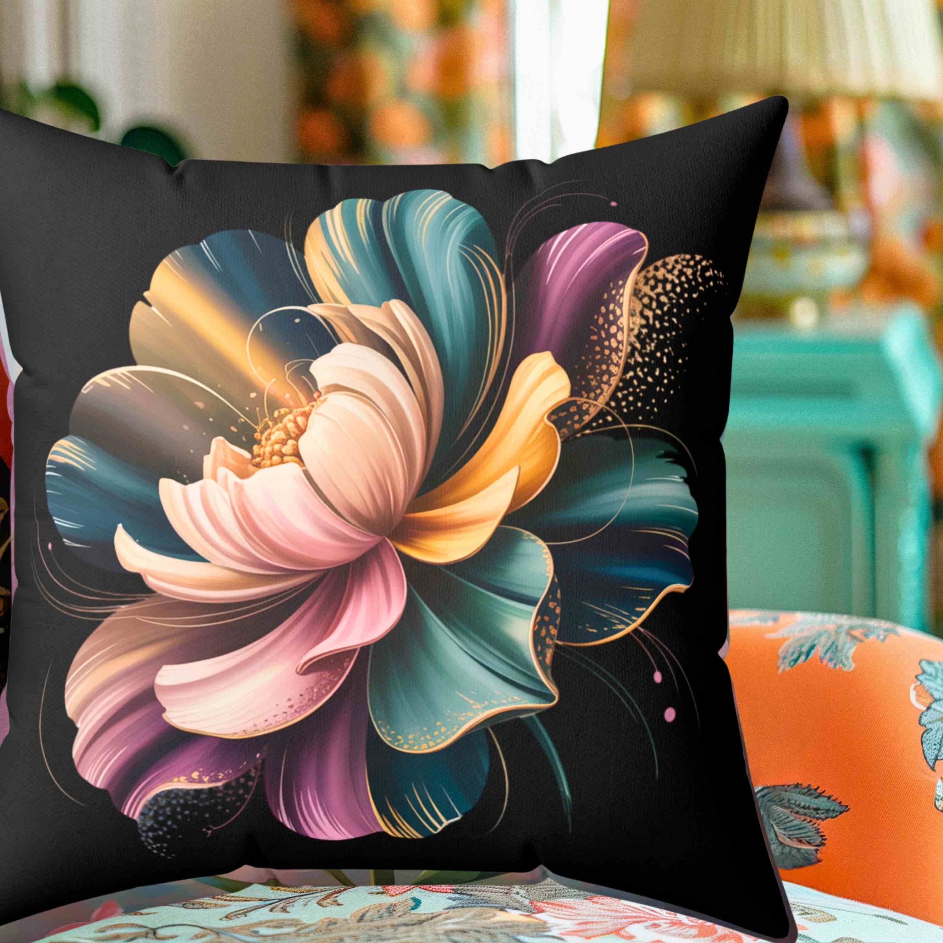 Artistic Floral Pillow – Purple, Green &amp; Gold Bloom on Deep Black Canvas, Modern Home Decor, Gift for Her, Cozy Living Room Accent, Flower Pattern Cushion product thumbnail image